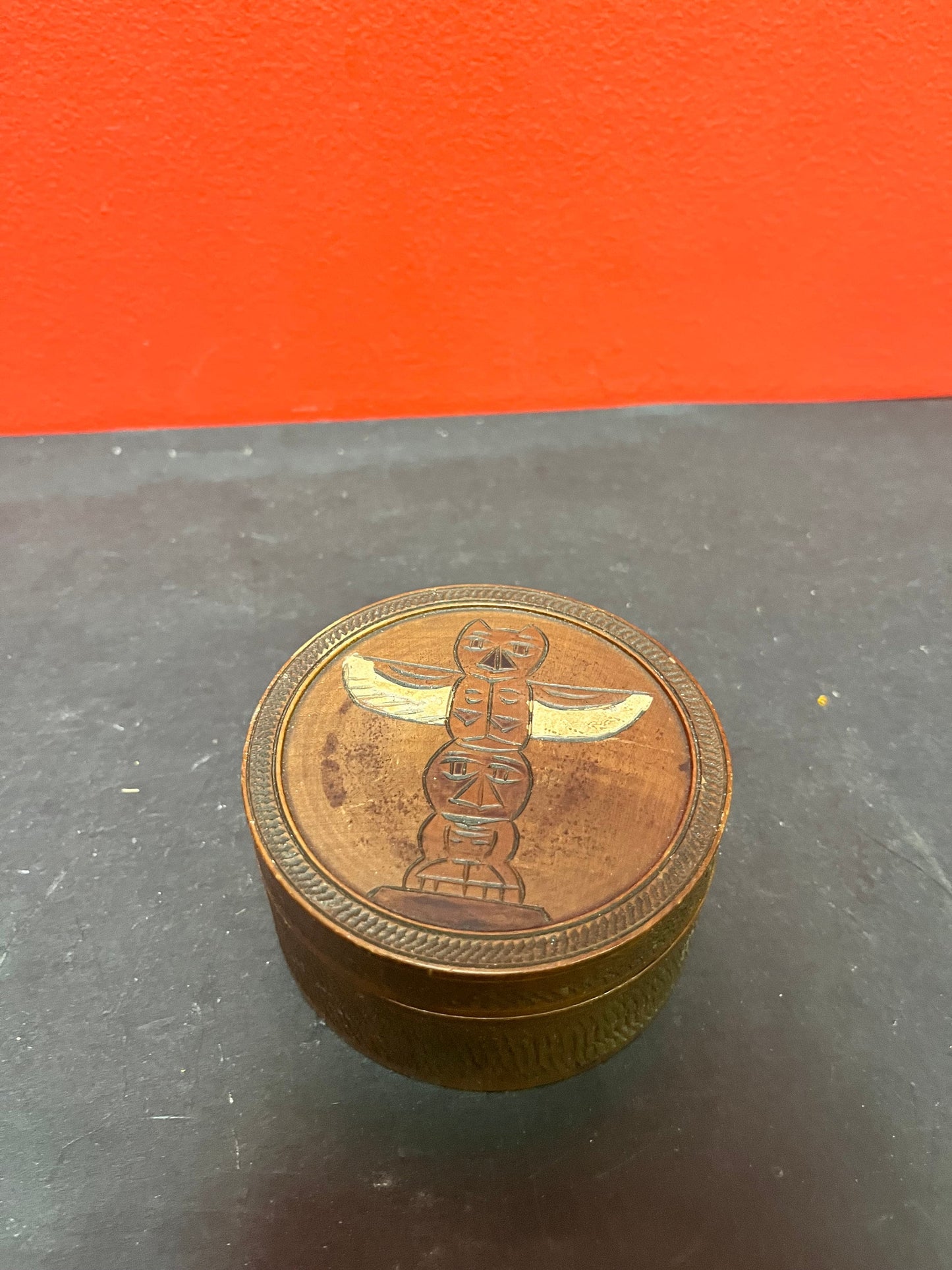 Lovely antique 3 1/2 x 2” high indigenous first nations Pacific northwest coast wooden box with carved totem on top  — great condition