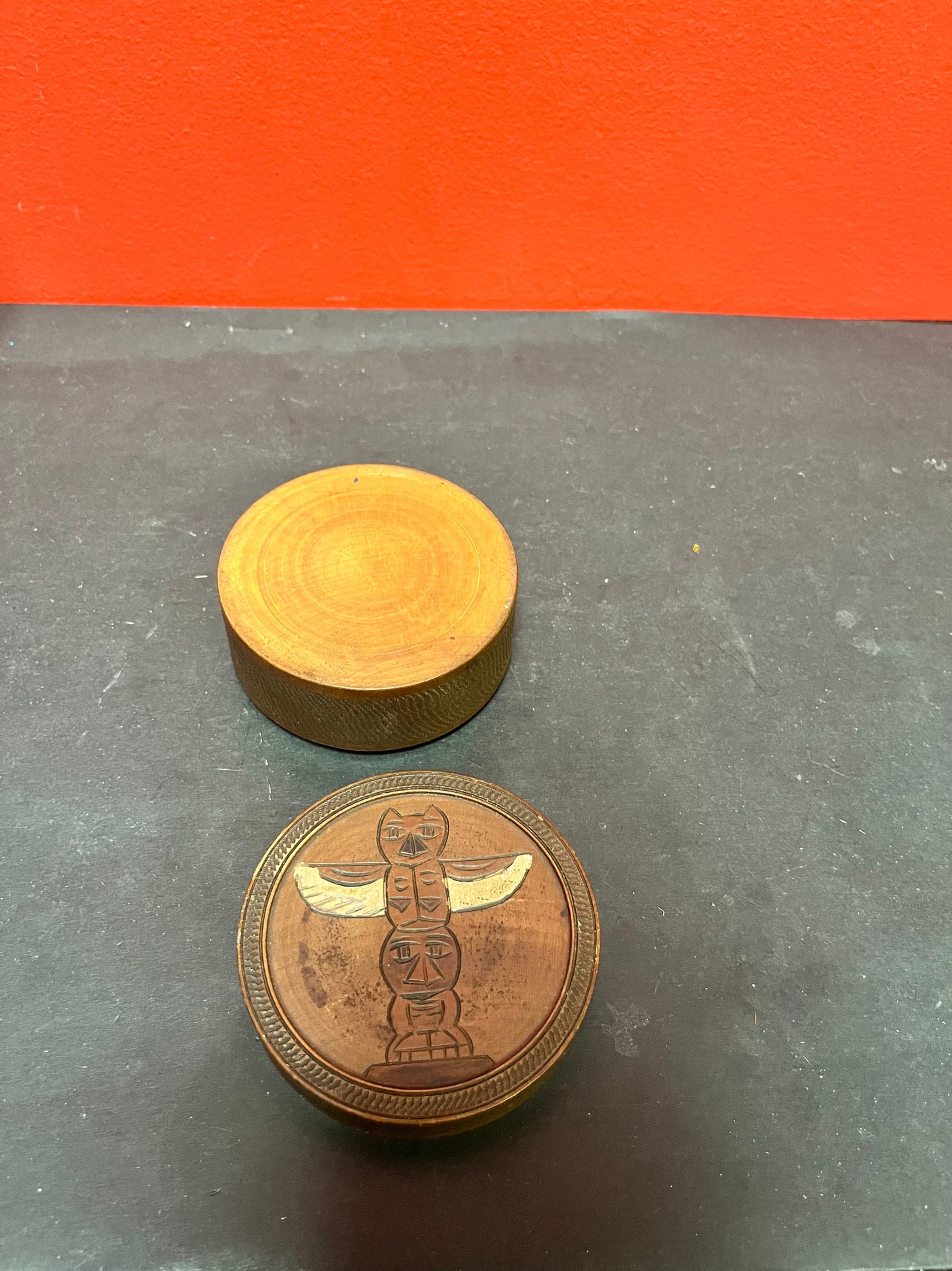 Lovely antique 3 1/2 x 2” high indigenous first nations Pacific northwest coast wooden box with carved totem on top  — great condition