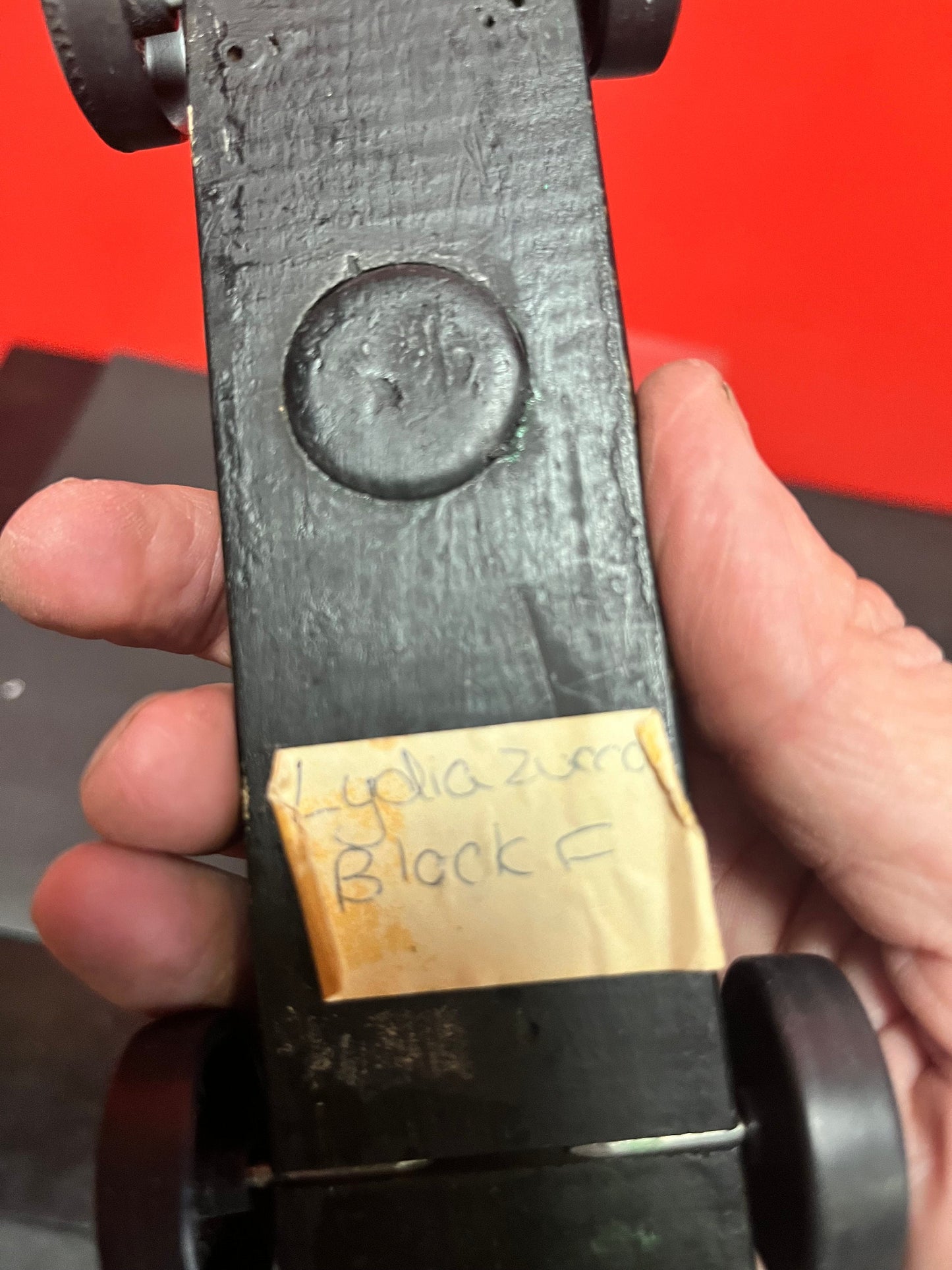 Cool little black wooden car  possibly prison made  7 inches long