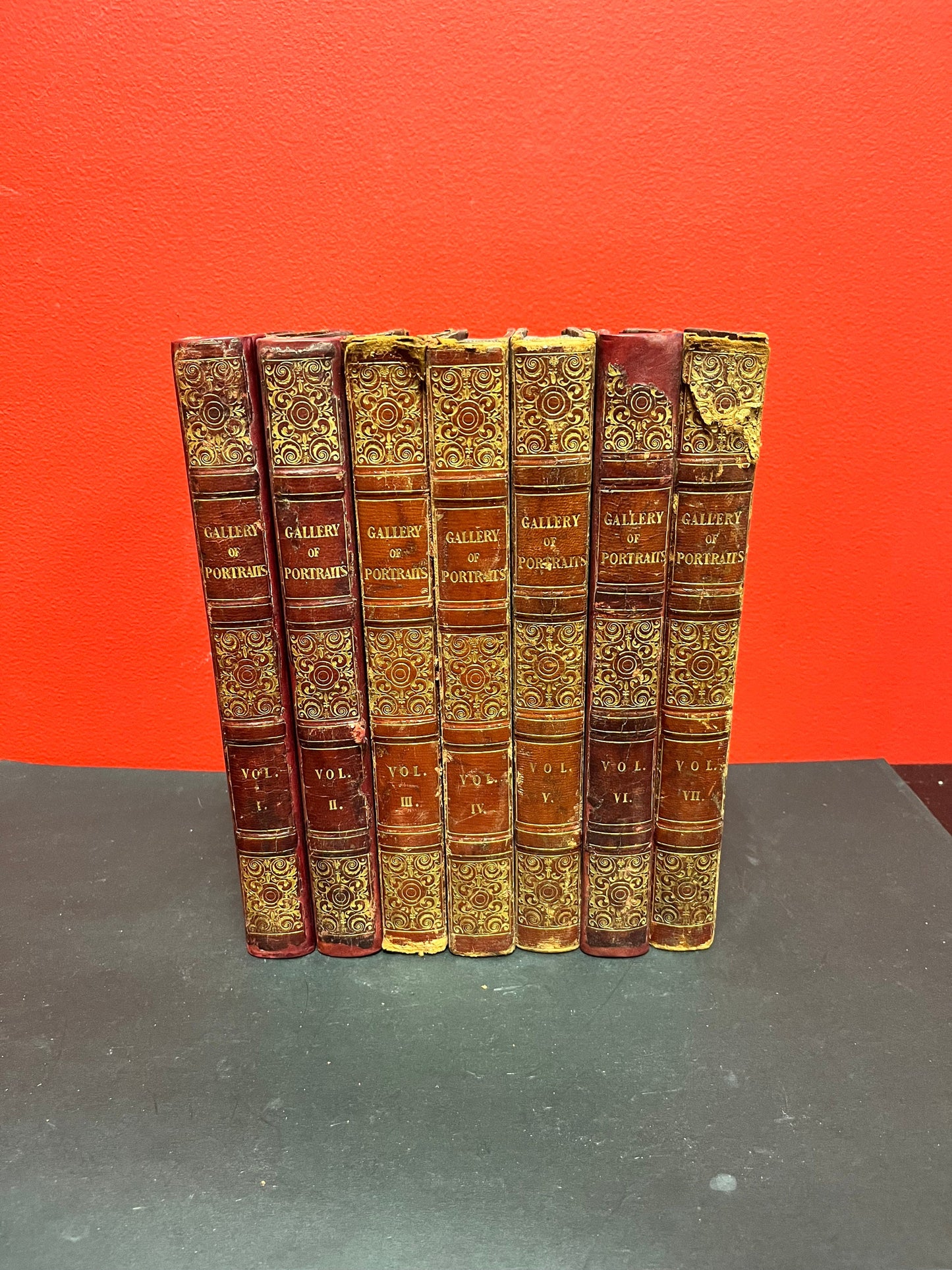 A Stunning set of seven leather bound 1833 - 1837 Gallery of portraits books good antique condition printed by William CLOWES wow set