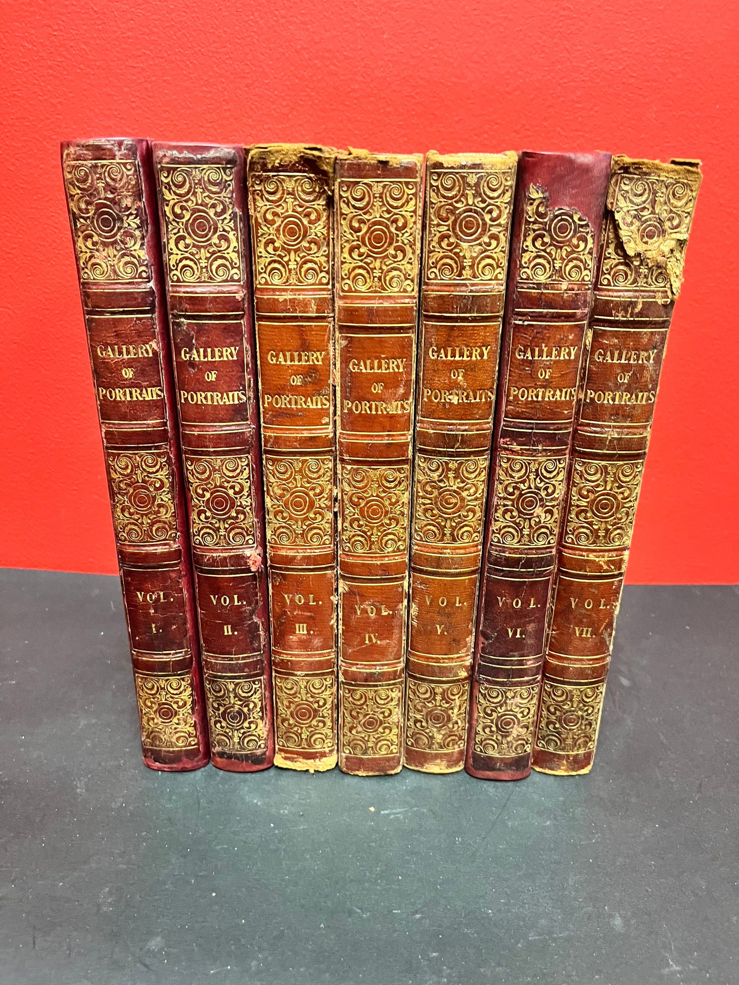A Stunning set of seven leather bound 1833 - 1837 Gallery of portraits books good antique condition printed by William CLOWES wow set