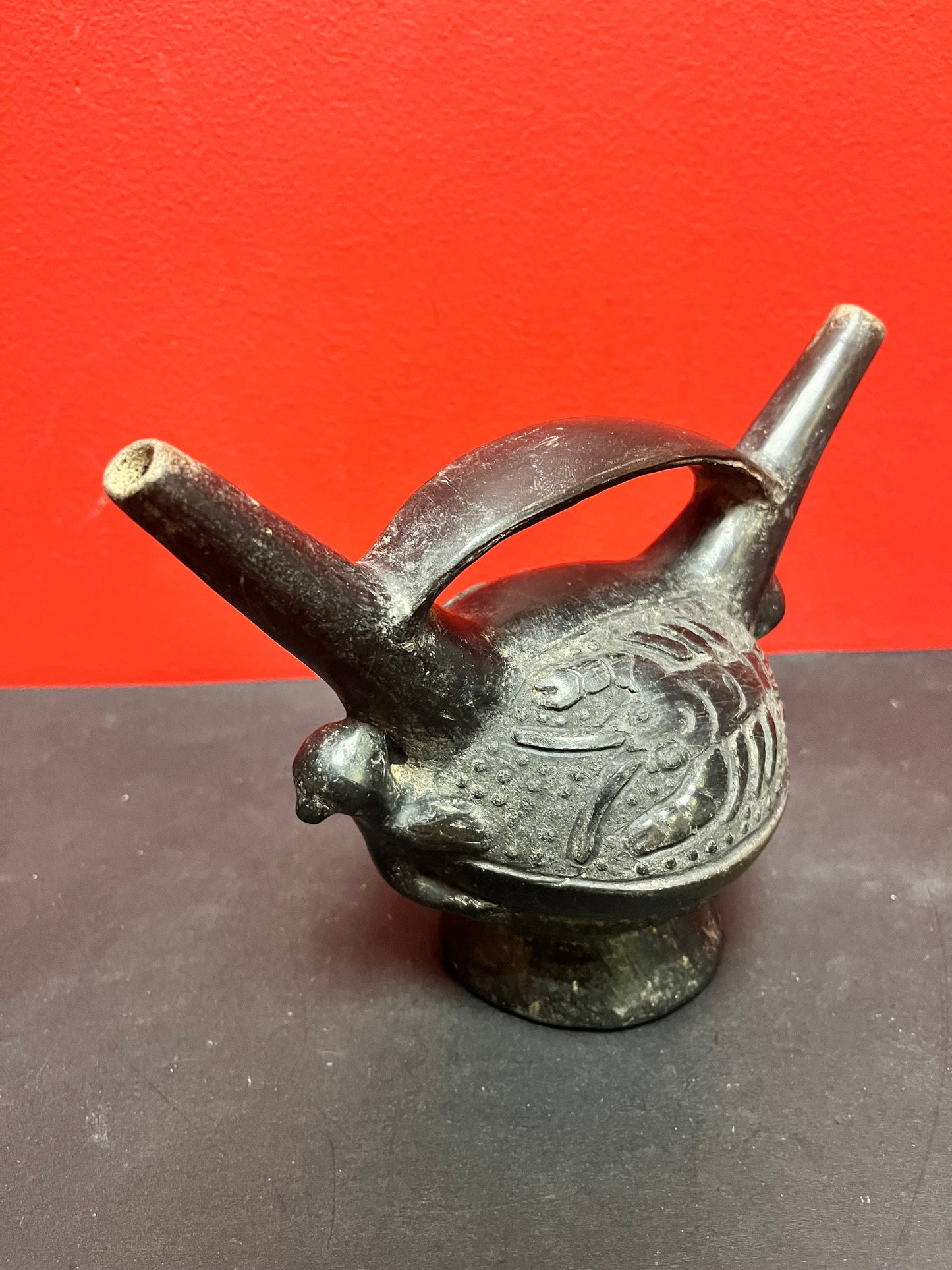 7 x 8 wide antique Colombian Clay vessel. Great imagery, and good condition