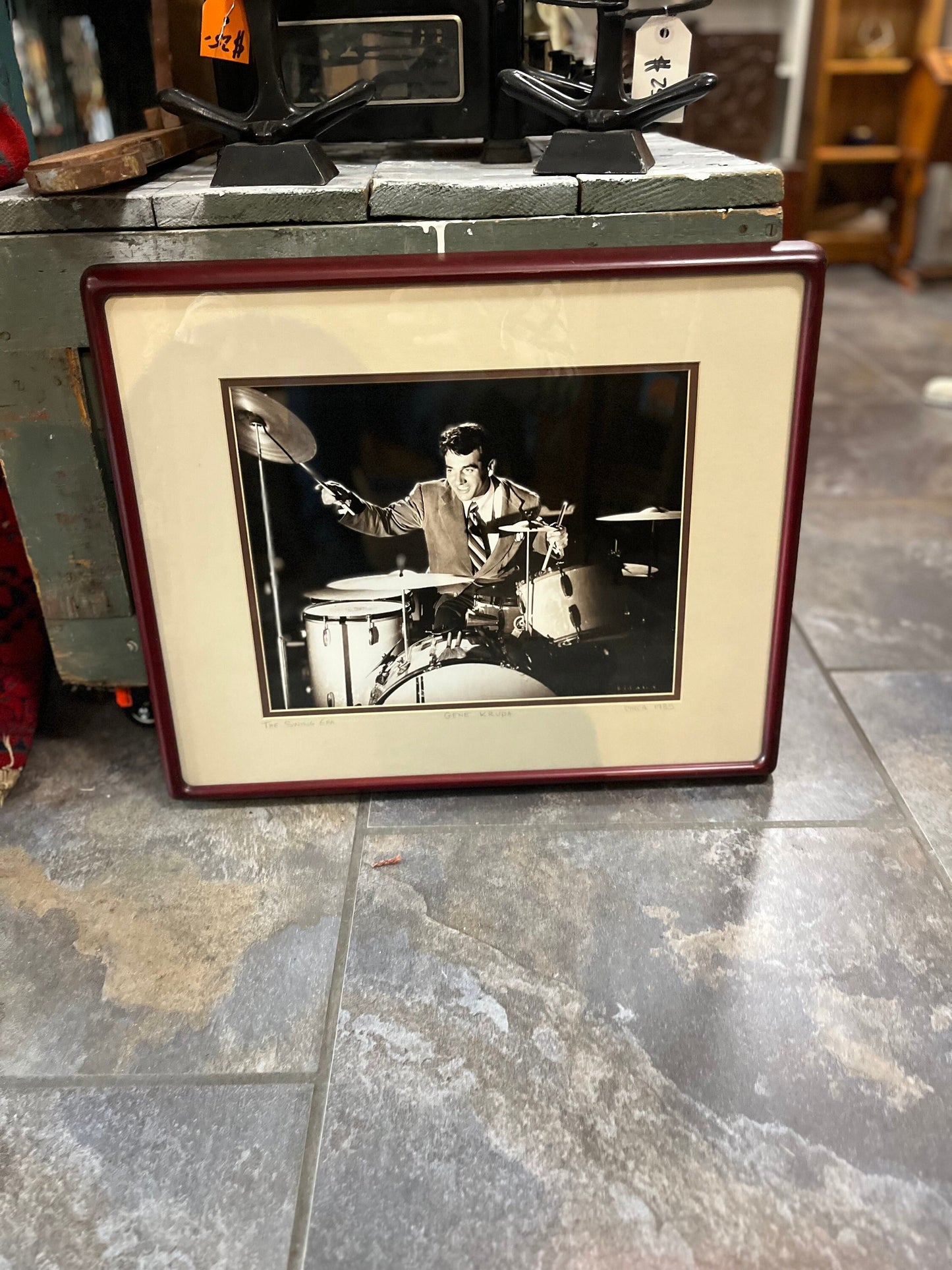 21 x 17 inch 1935 Gene Krupa photo in great wooden frame wonderful jazz imagery great gift with authenticity info on back