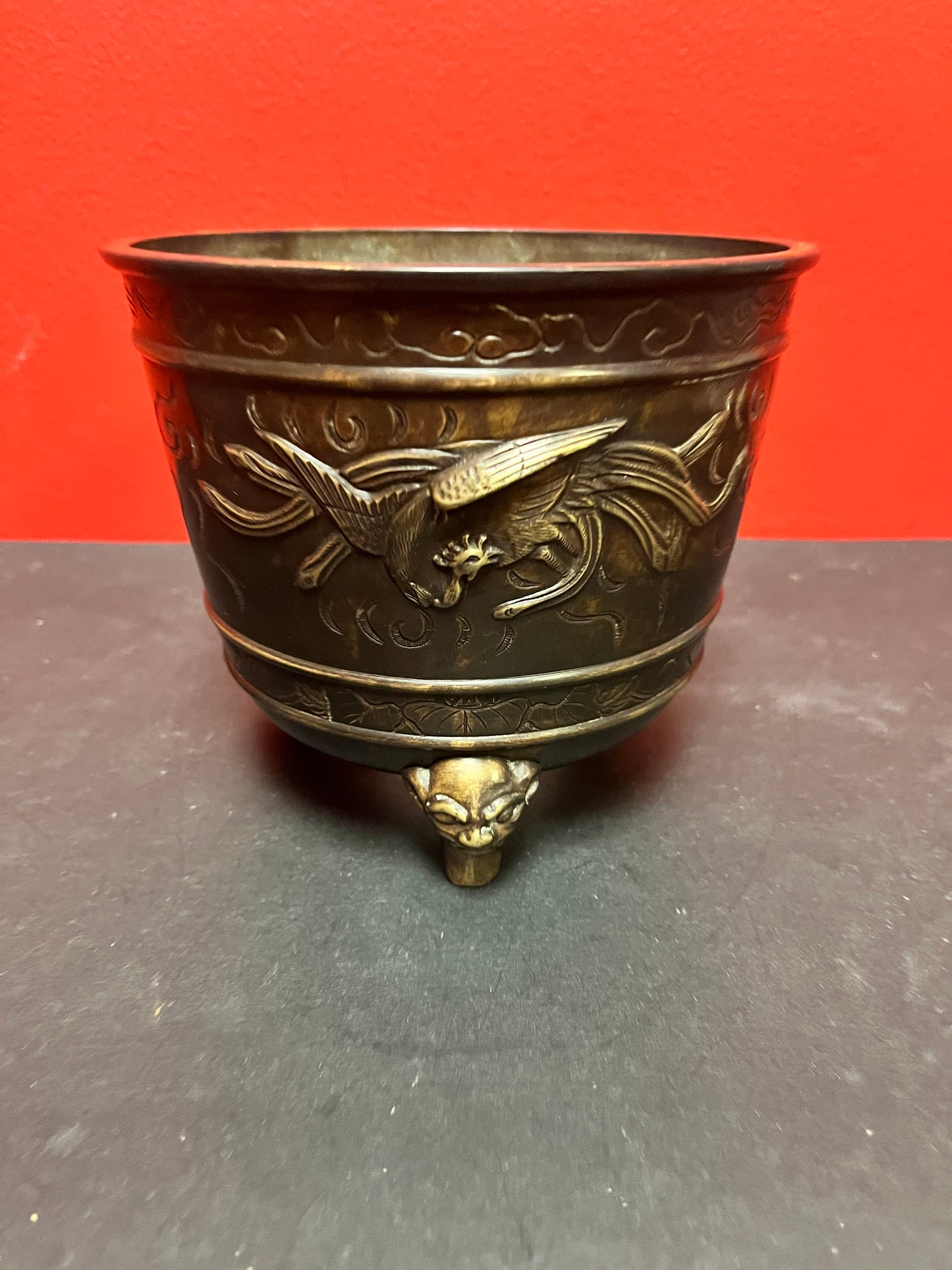 Lovely Japanese bronze antique 6 x 5“ high planter Phoenix decoration great patina