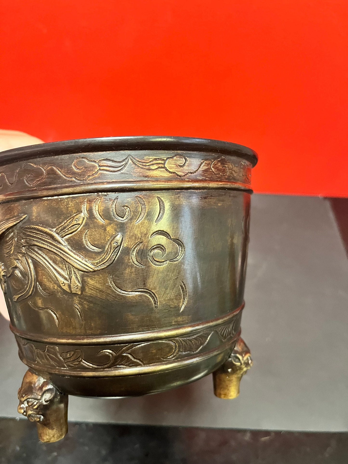 Lovely Japanese bronze antique 6 x 5“ high planter Phoenix decoration great patina
