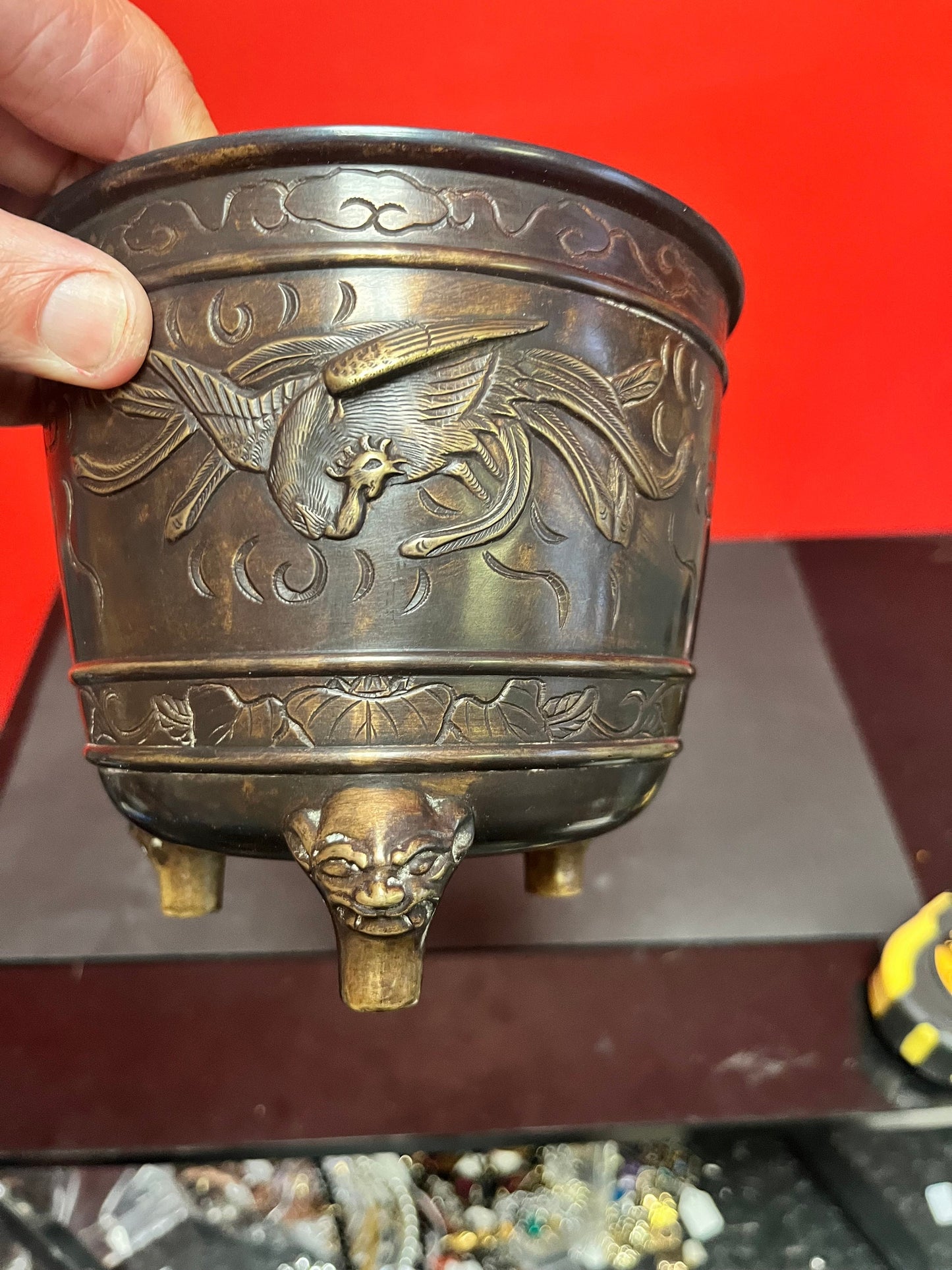 Lovely Japanese bronze antique 6 x 5“ high planter Phoenix decoration great patina