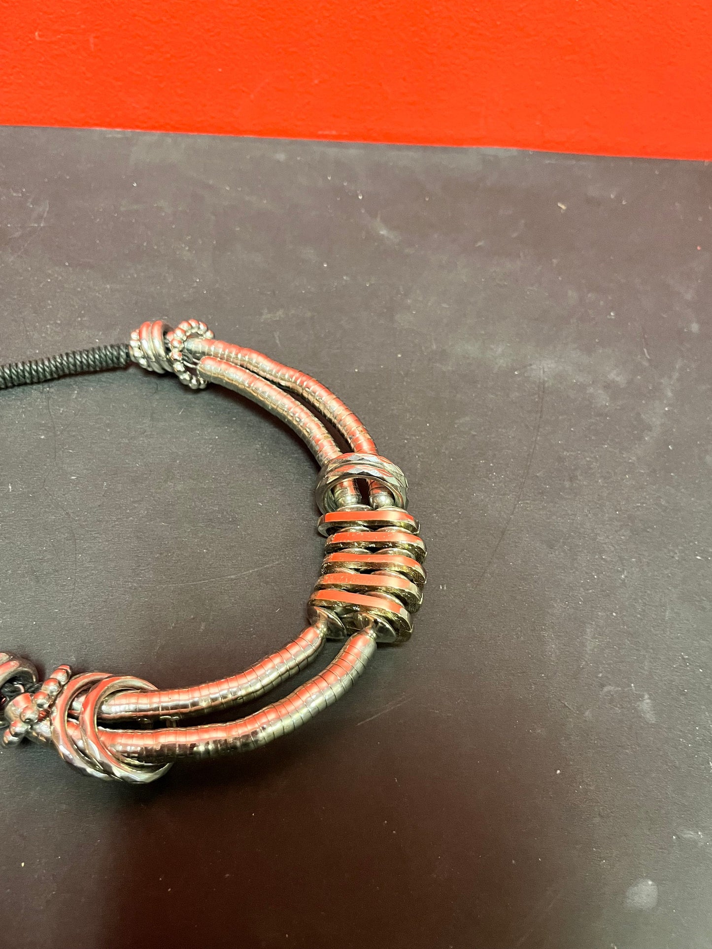 Beautiful untested silver necklace with rope and abalone clasp Unusual choker style great value