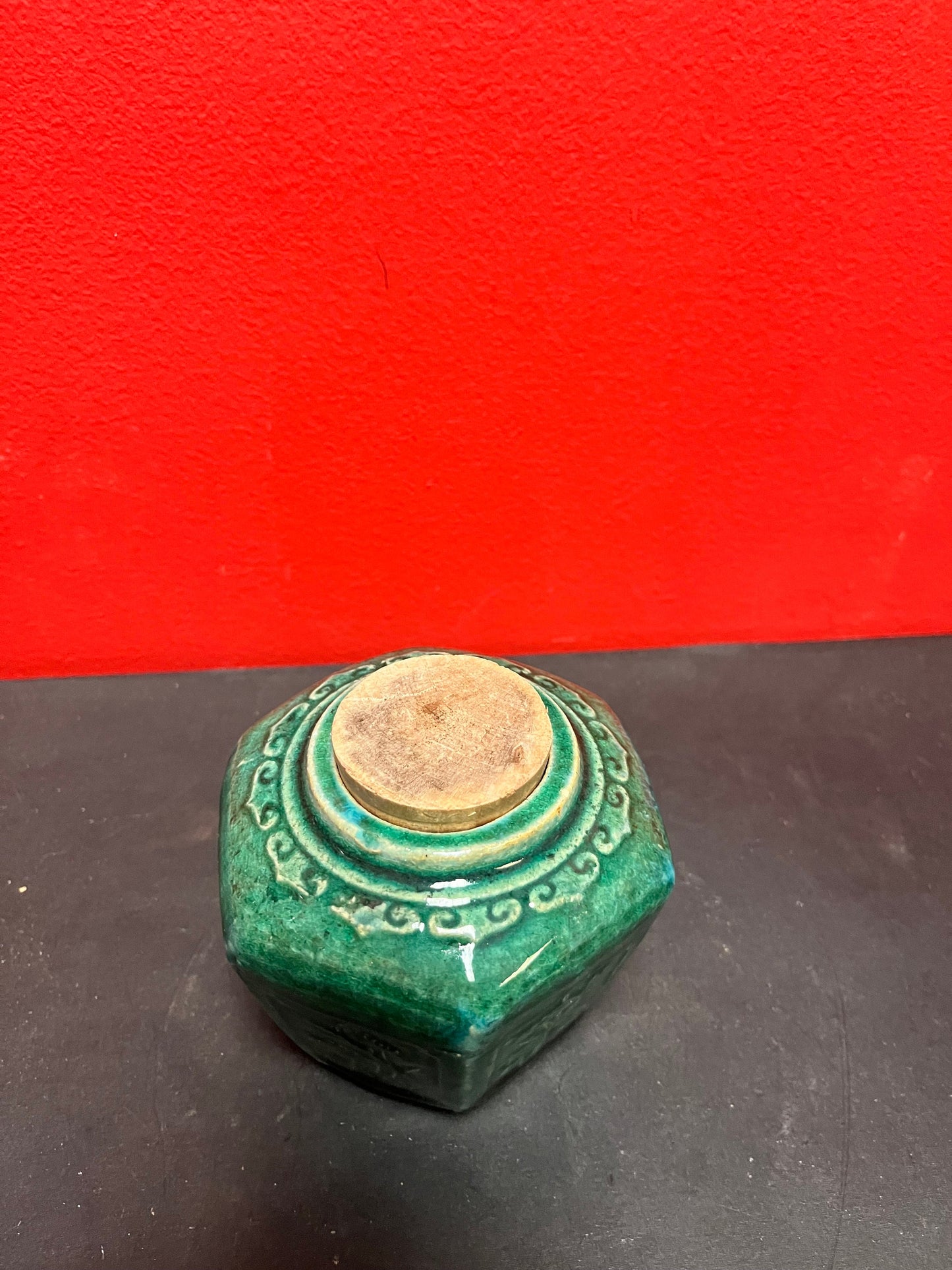 Older 4 inch tall, Chinese glazed ginger jar with lid -