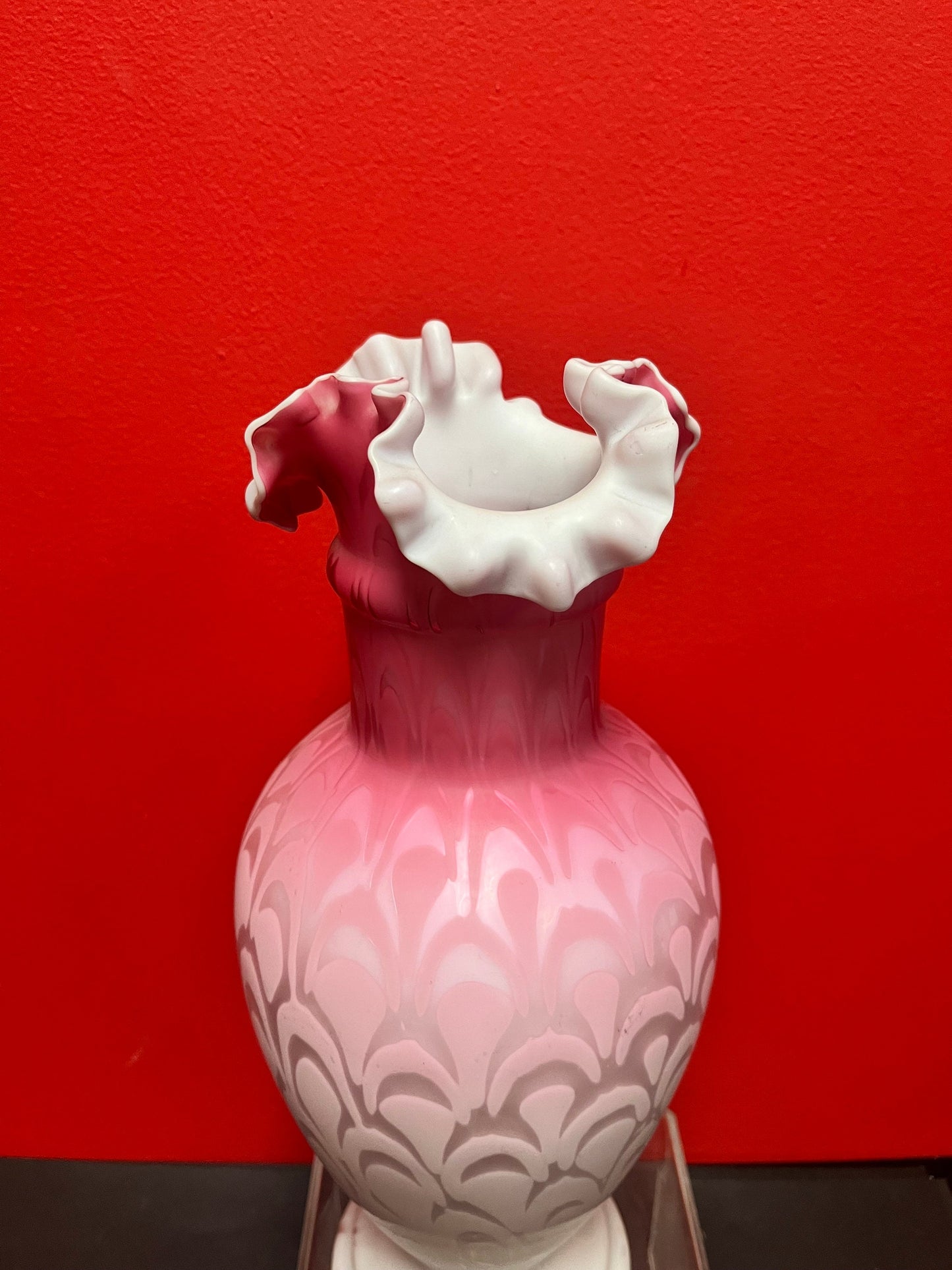 Magnificent 14 inch tall English antique Victorian satin glass ruffled vase Mint condition Wonderful example Victorian satin glass