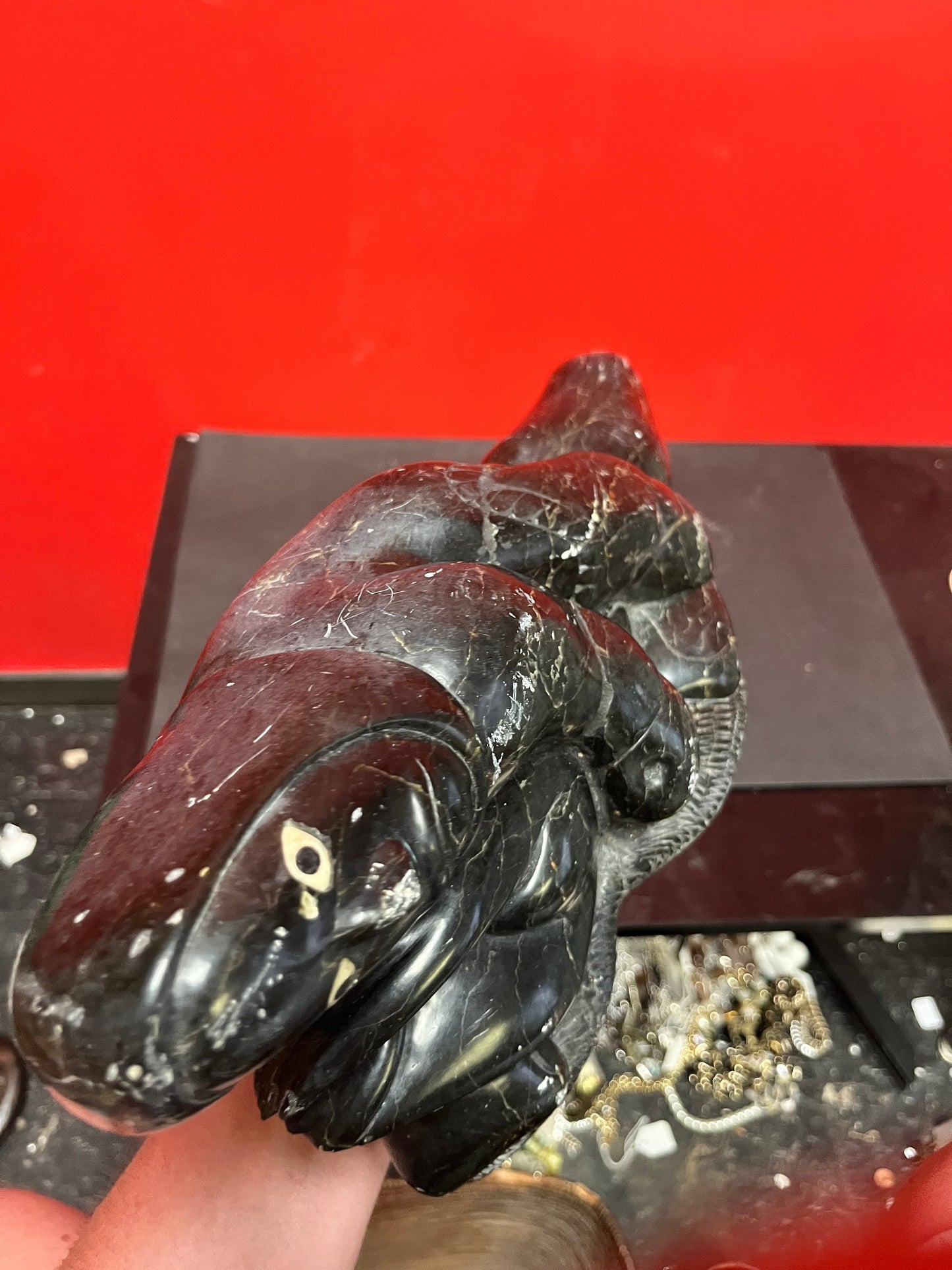 Fabulous signed authentic Canadian Eskimo soapstone Hunter versus seal   16 x 7 high with some minor scratches  approx 6 plus kilos