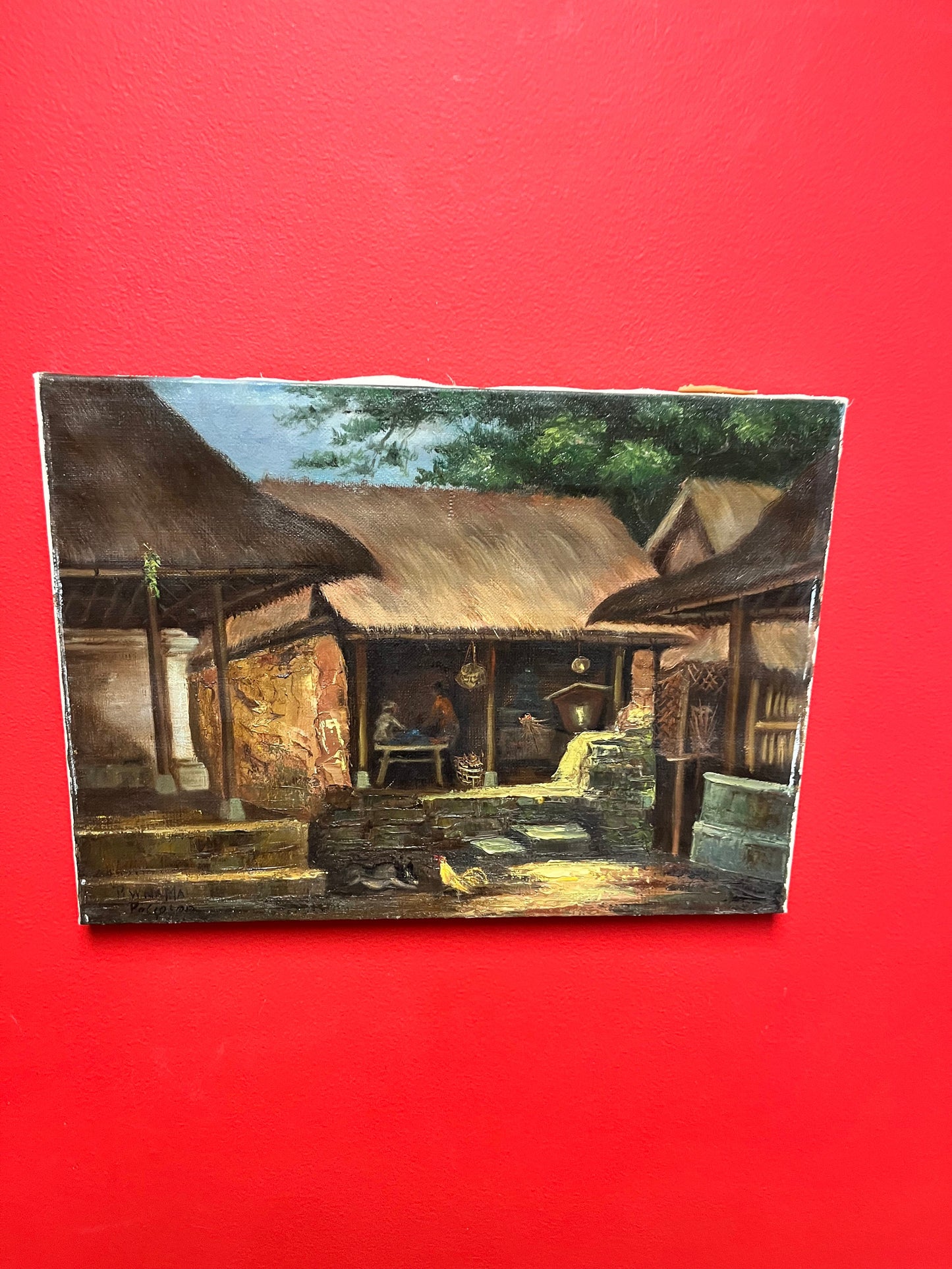 16 x 11.5 x 1 Original signed Indonesian painting on canvas Unframed and older piece Great detail