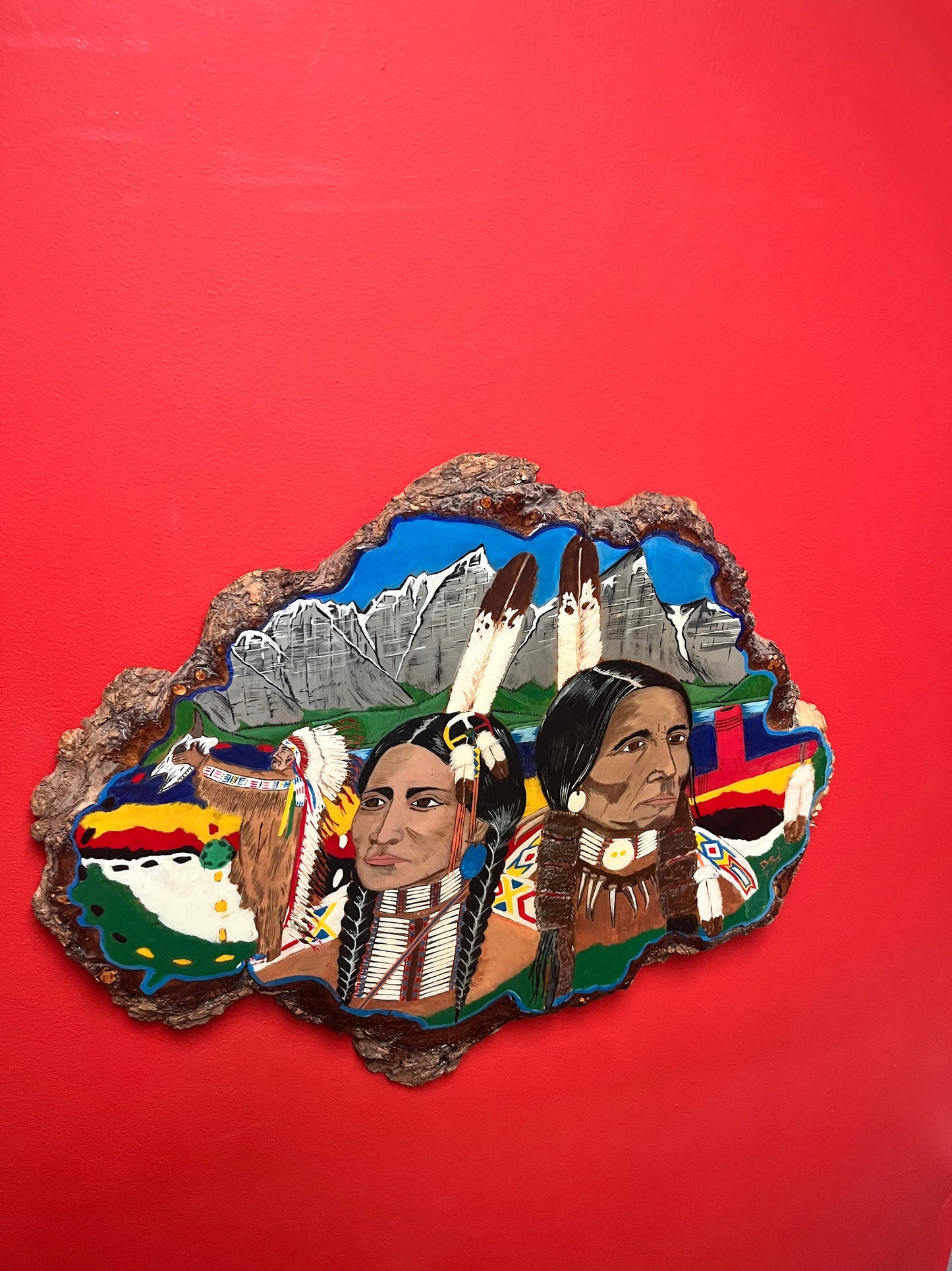 Stunning 24 x 19 tall indigenous first nations painted live edge wood burl fabulous imagery and ready to hang wow
