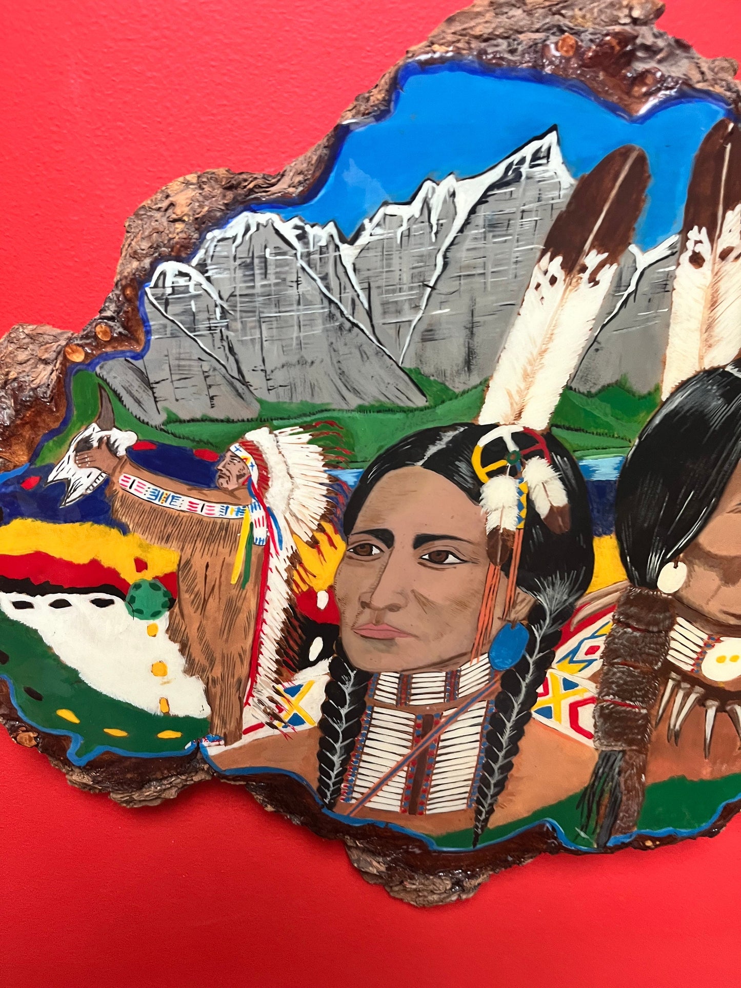 Stunning 24 x 19 tall indigenous first nations painted live edge wood burl fabulous imagery and ready to hang wow