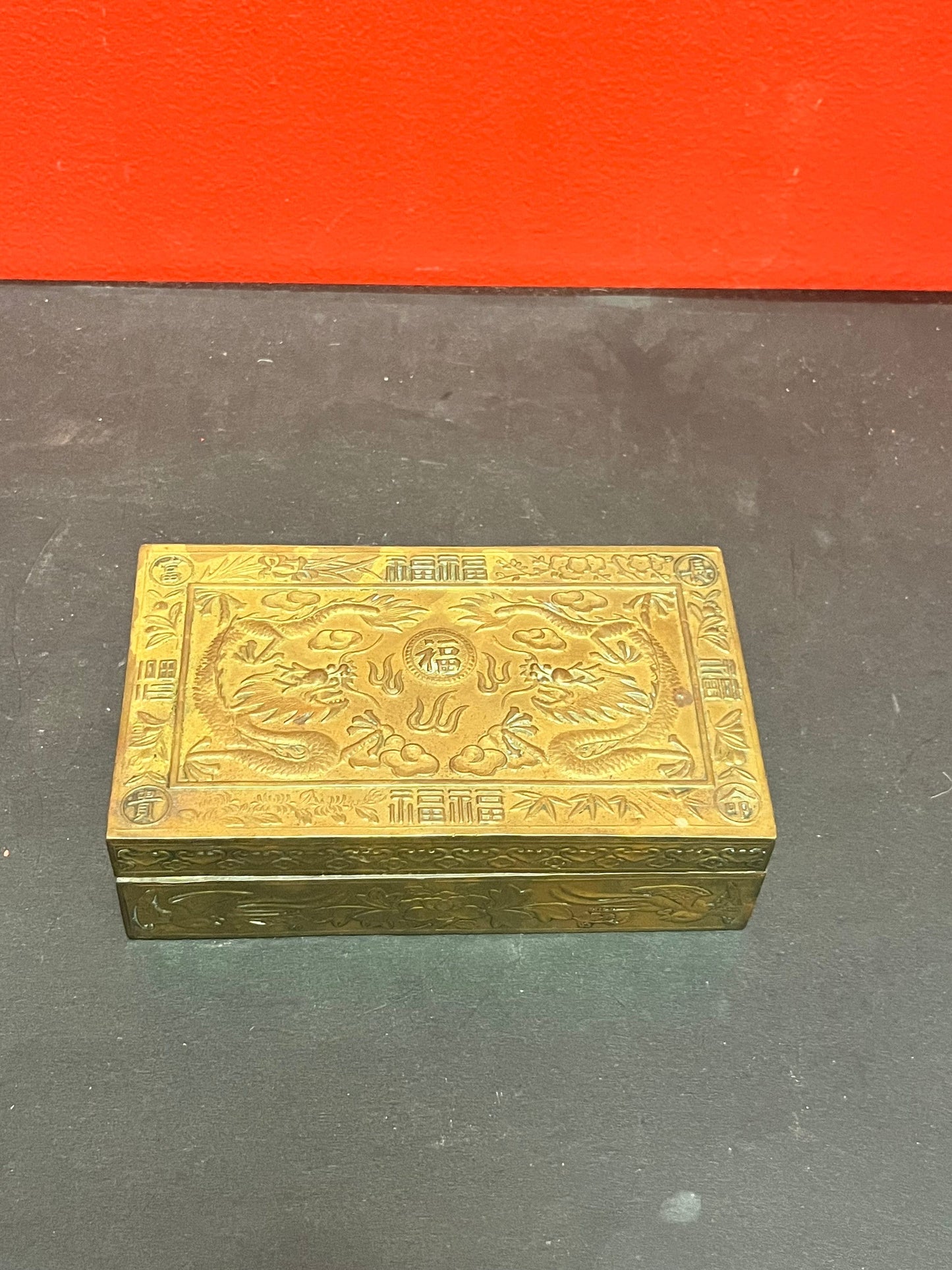Fabulous 6 x 4 x 2 high antique Chinese brass box with dragons wood lined lovely patina great gift