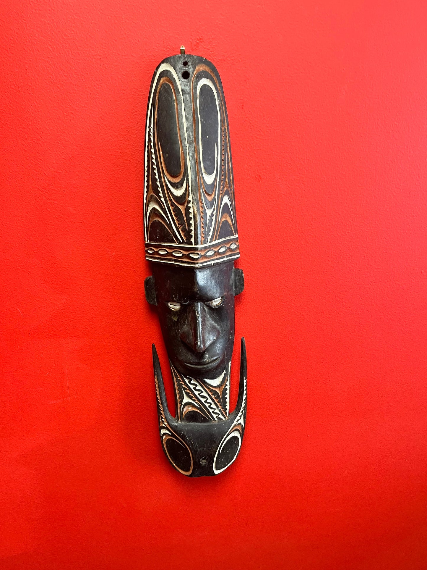 Antique Papua New Guinea 23 inch long mask with shell eyes amazing condition and great look oceanic historical piece