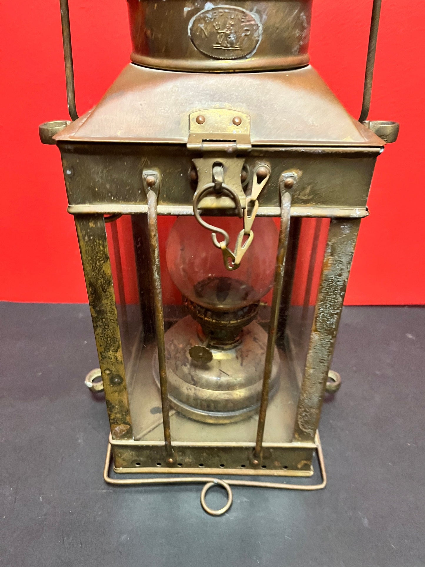 Stunning 17 inch tall antique mint condition Marine brass ships lantern with original glass shade Neptune company
