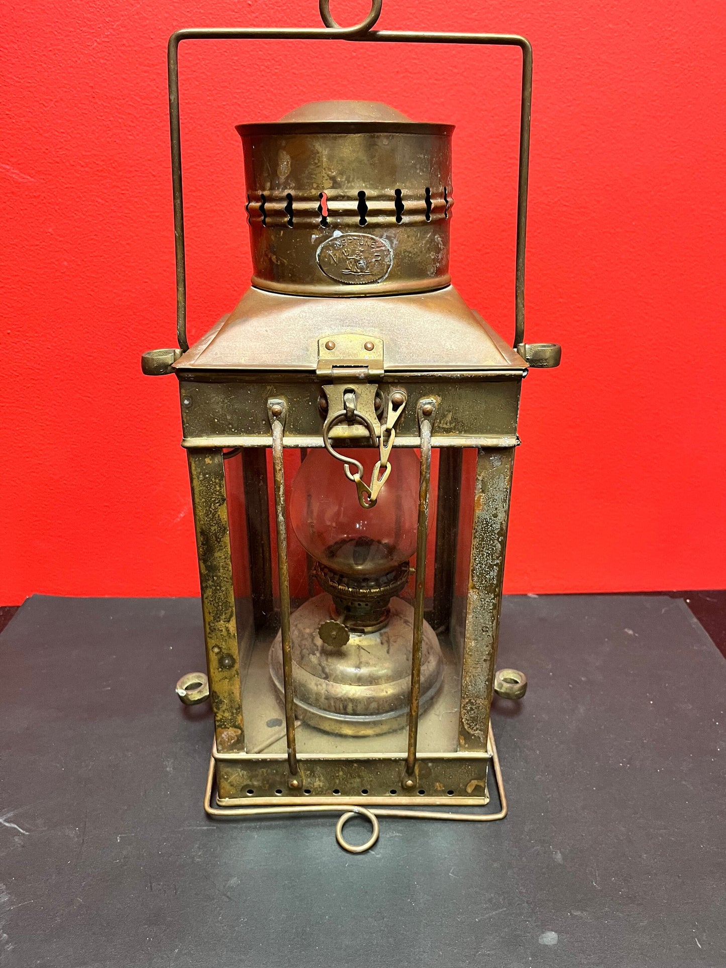 Stunning 17 inch tall antique mint condition Marine brass ships lantern with original glass shade Neptune company