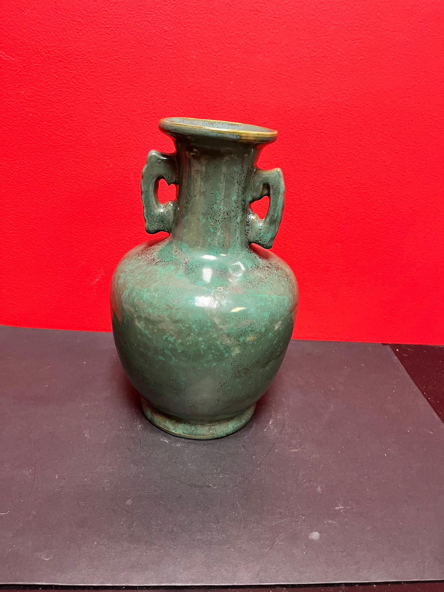 A Stunning Chinese 13 inch tall antique Ming dynasty style double handled vase impressive size and good condition intense glaze