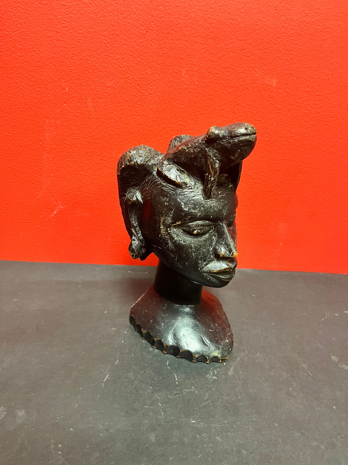 Wonderful museum quality 9 inch tall late 19th century signed  African bust of a woman with a frog upon her head  stunning patina  wow -