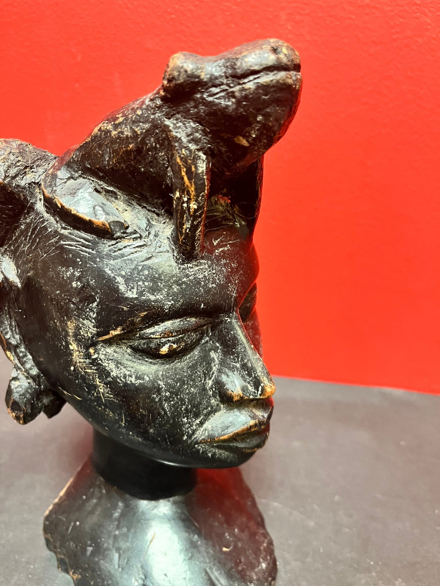 Wonderful museum quality 9 inch tall late 19th century signed  African bust of a woman with a frog upon her head  stunning patina  wow -