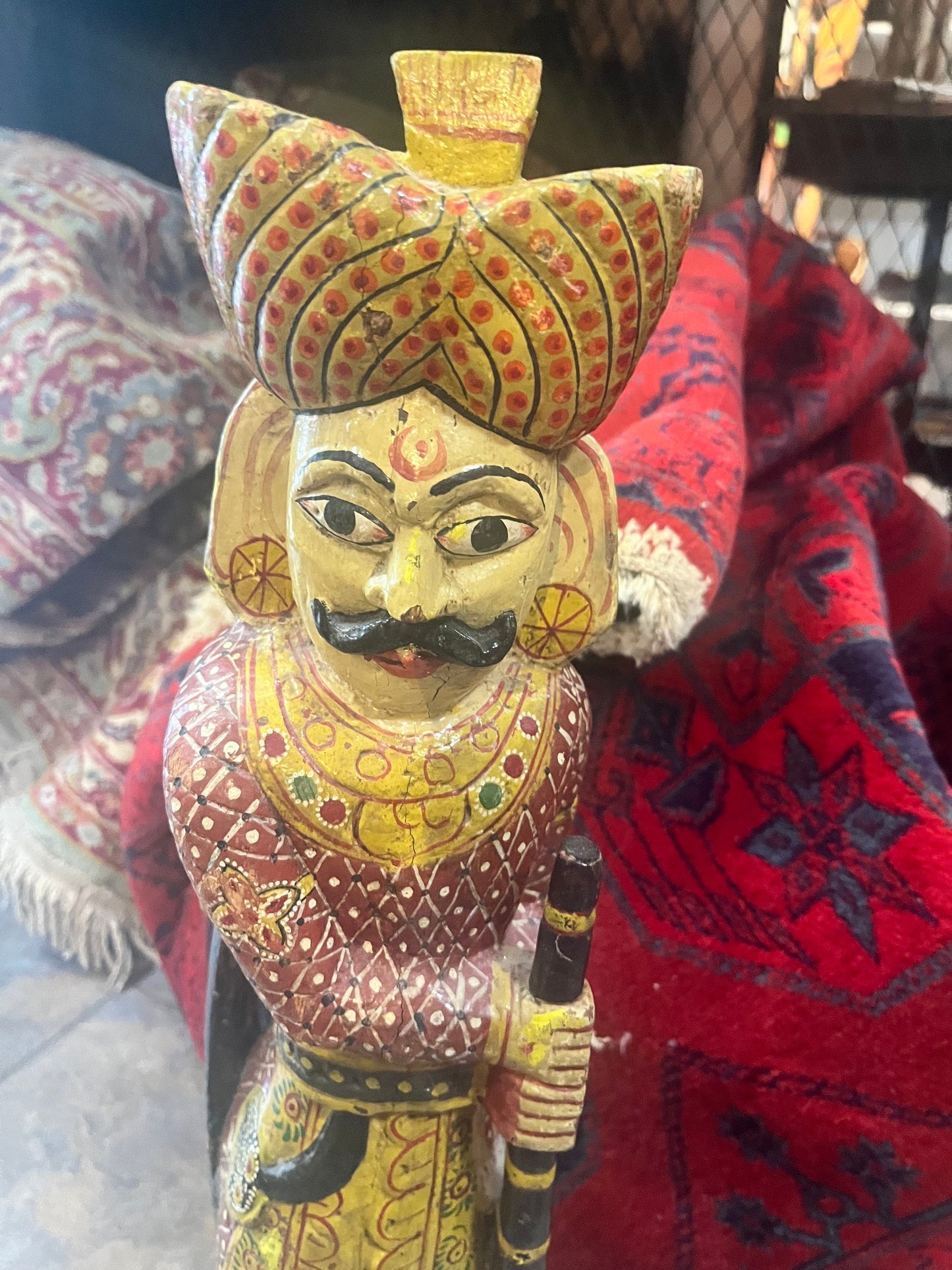 Stunning Kashmir polychrome painted antique wooden statue  amazing detail  chip on top