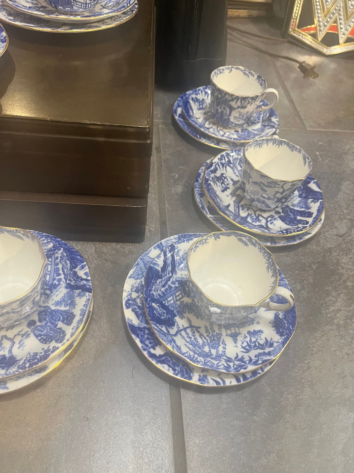 Eight English Royal Crown Derby mikado cups and saucers and side plates   one lot  all mint  great value