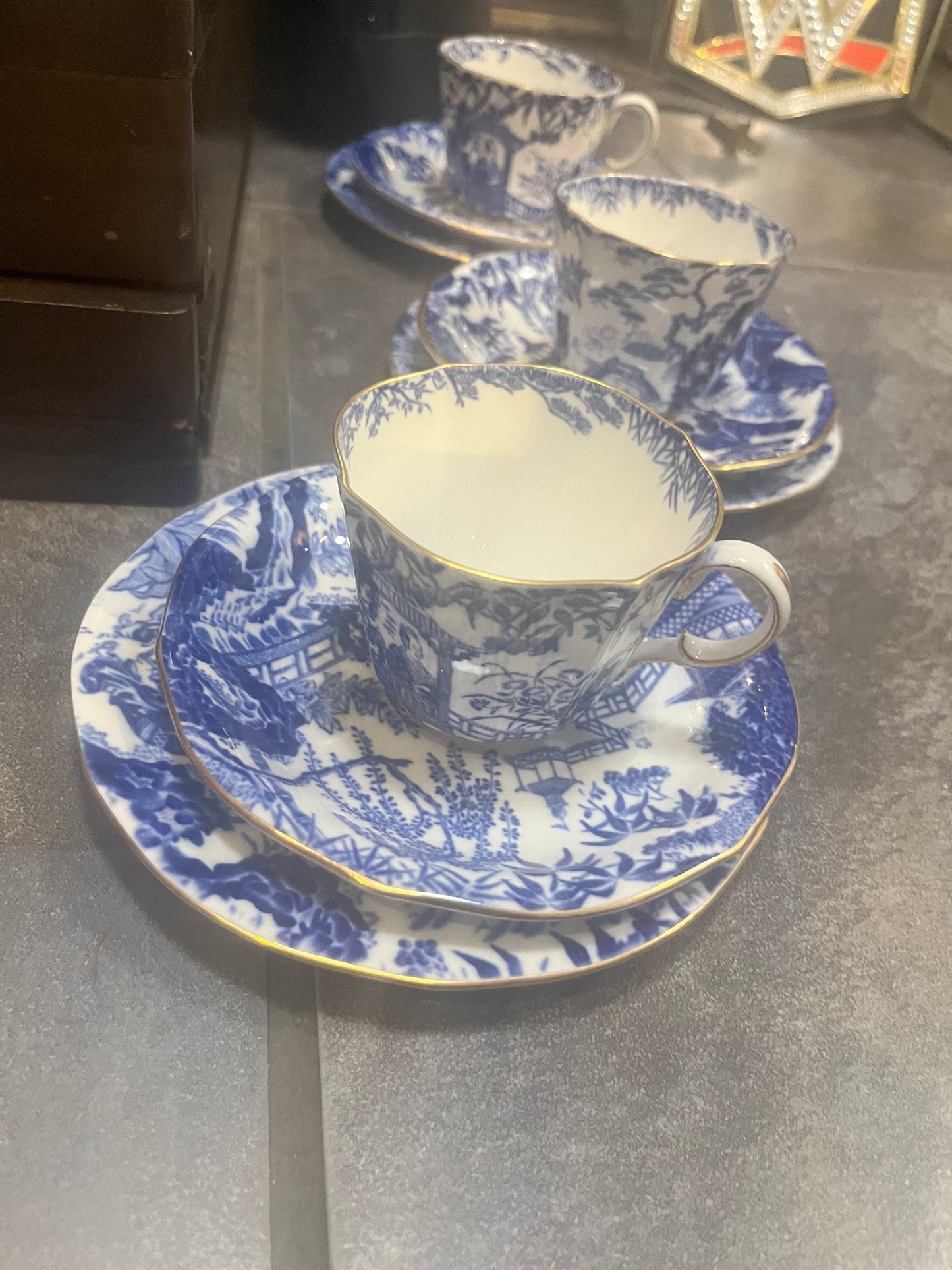 Eight English Royal Crown Derby mikado cups and saucers and side plates   one lot  all mint  great value