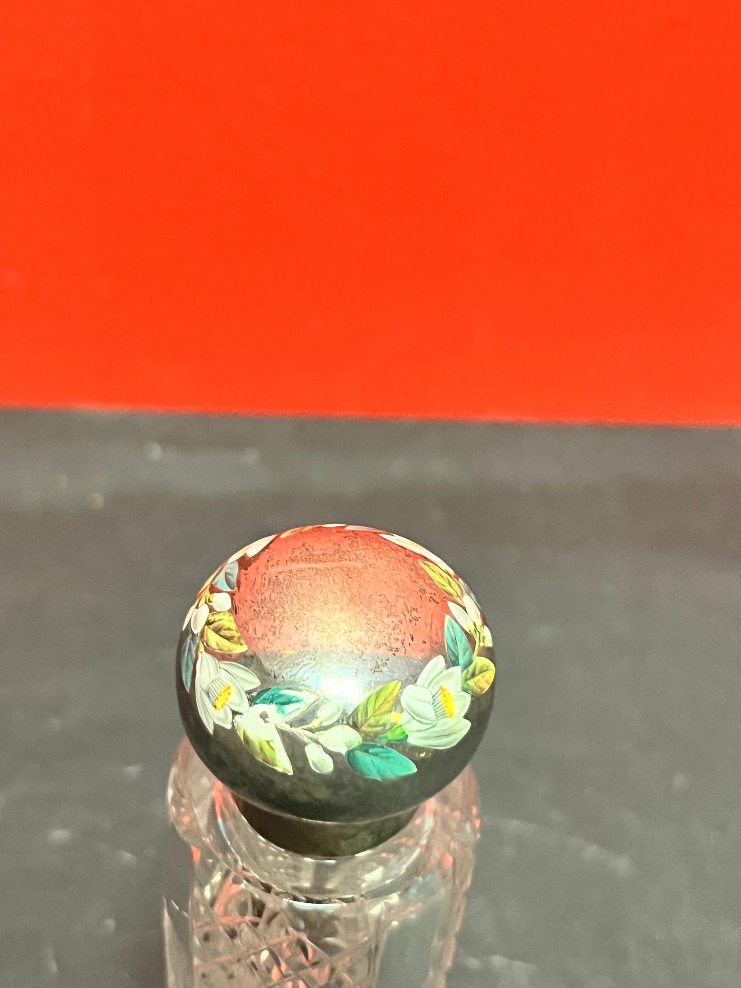 Beautiful 5 1/2 inch tall, antique crystal and silver top perfume bottle London 1888 nice enamelling on top great value