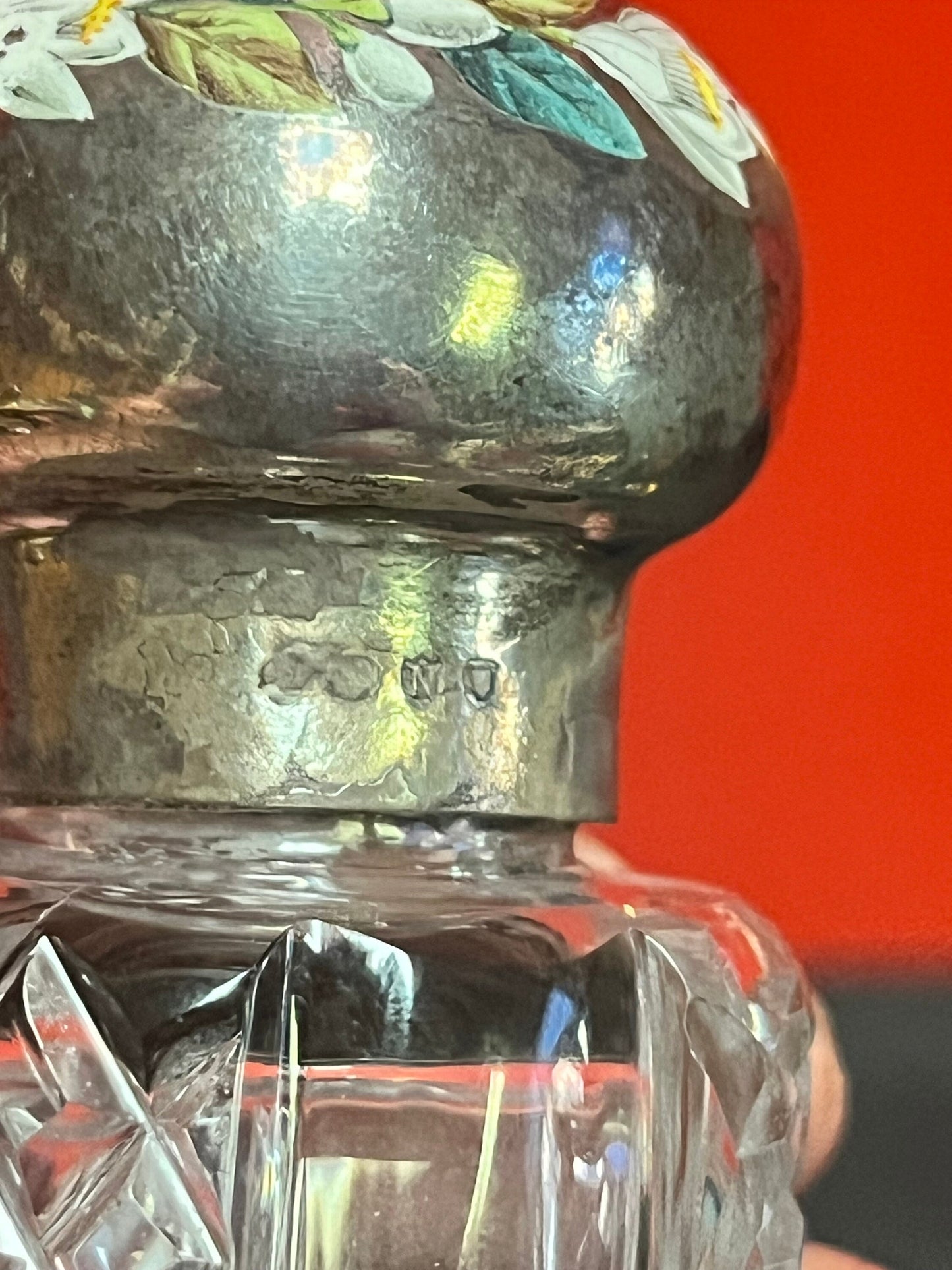 Beautiful 5 1/2 inch tall, antique crystal and silver top perfume bottle London 1888 nice enamelling on top great value