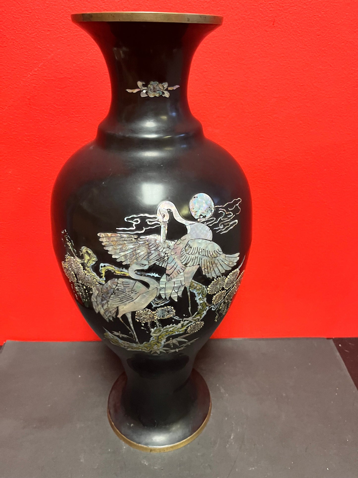 Stunning Japanese brass lacquer and mother of pearl vase great imagery 19 inches tall statement piece