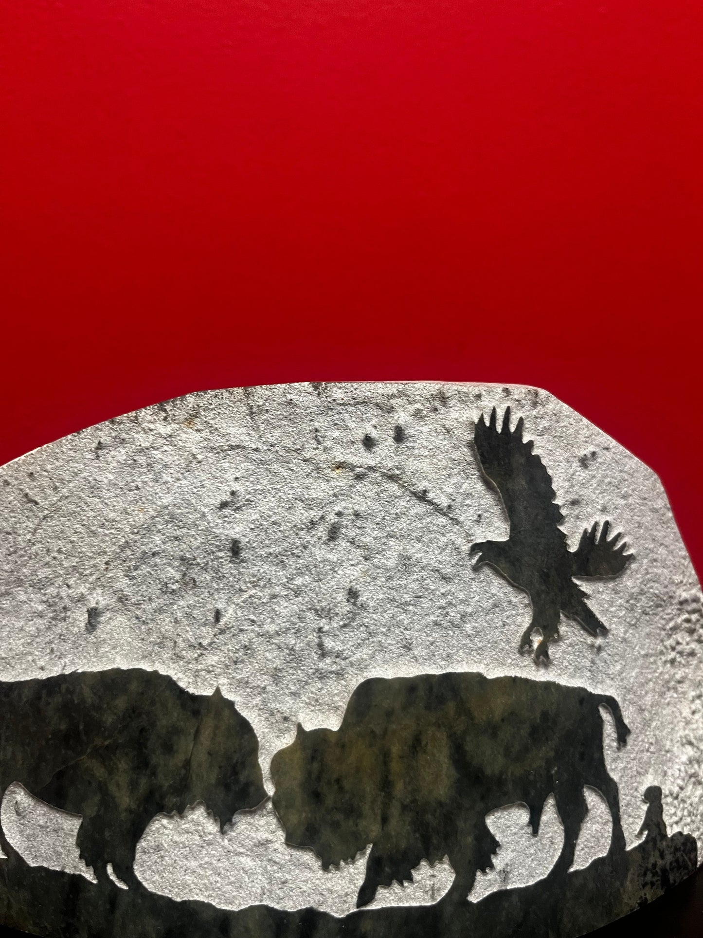 8 x 4 x 1  inch carved stone signed carving  buffalos with eagle  unique and wonderful