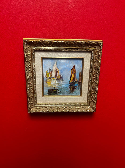 Stunning vintage 7 1/2 x 7 1/2 x 1“ thick Gilt framed oil painting  Beautiful nautical scene ready to gift
