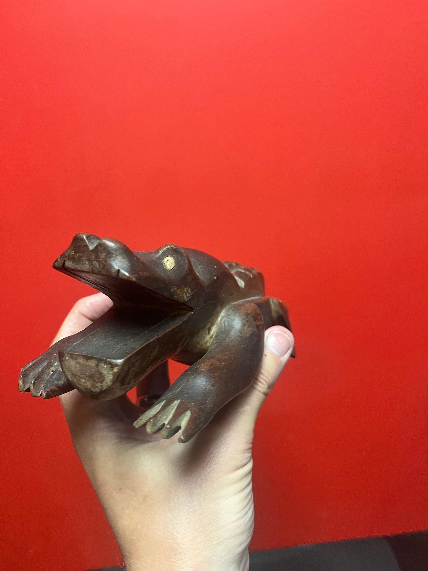 Wonderful antique 12 inch long African wooden crocodile one eye missing Super patina beautiful carving