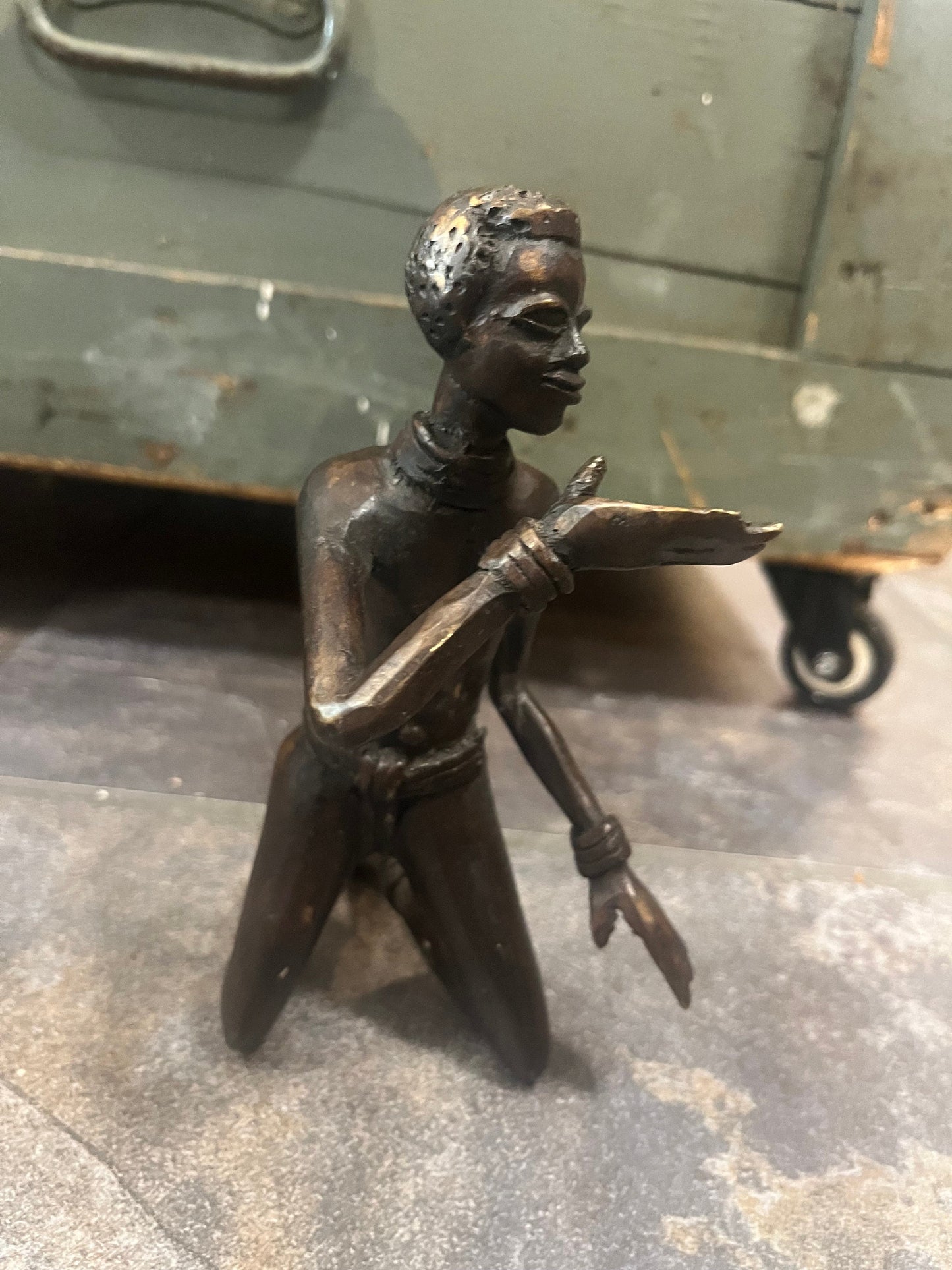 Wonderful 8 inch tall antique African bronze statue great patina and imagery