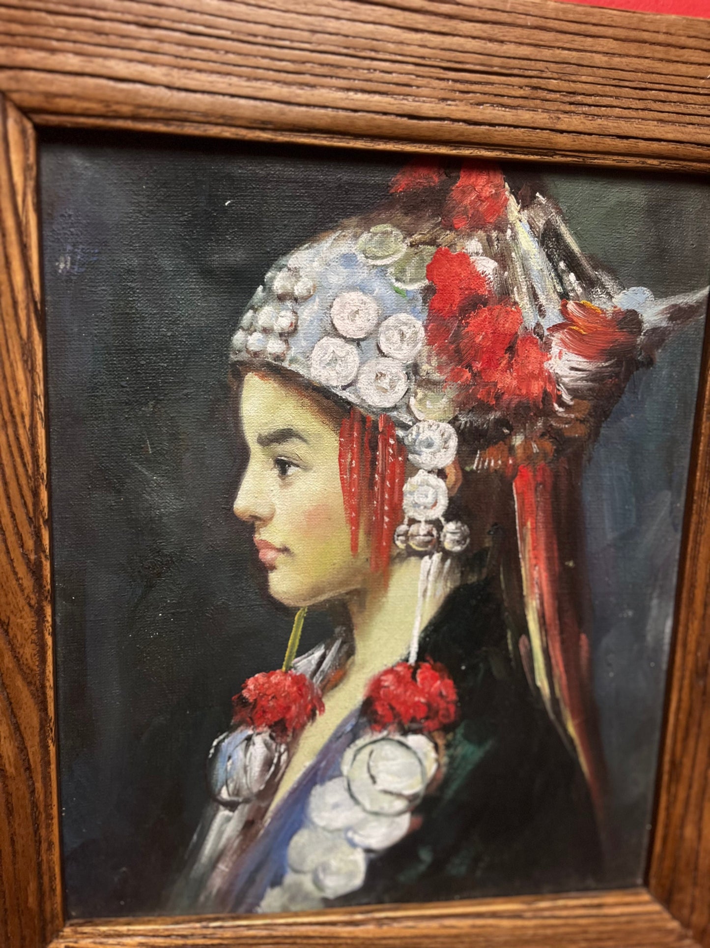 Stunning antique 15 x 13 x 1 thick Hand painted Nepalese pictures of a young man on an on canvas in oak frame Amazing detail wow