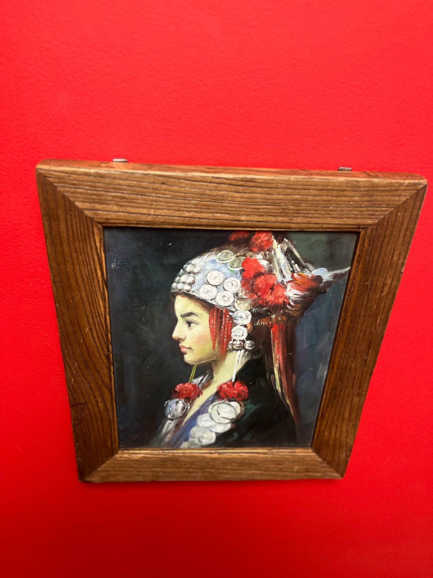 Stunning antique 15 x 13 x 1 thick Hand painted Nepalese pictures of a young man on an on canvas in oak frame Amazing detail wow