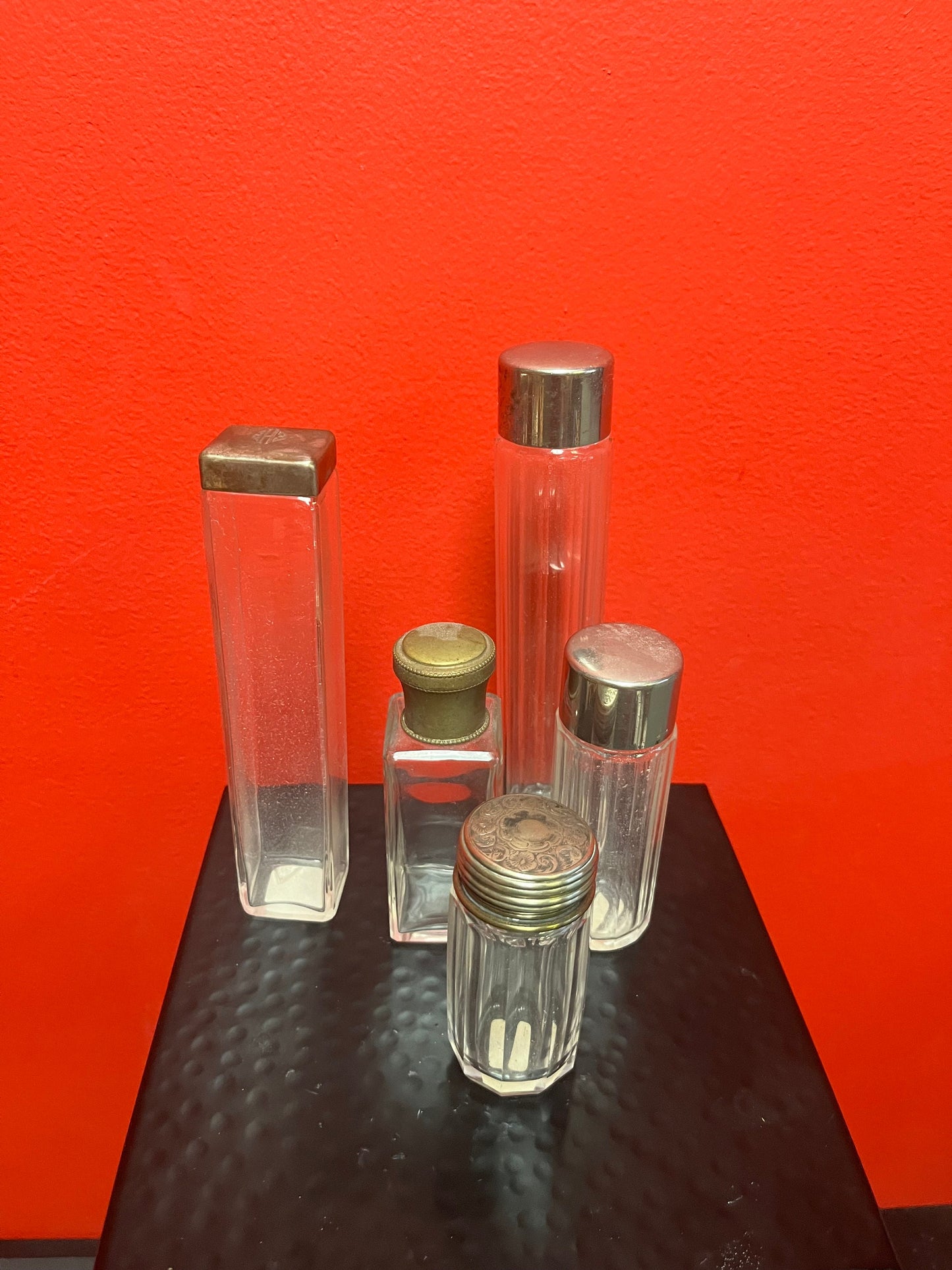 Lovely collection of five silver plated topped glass bottles All English and all good condition 3 to 7 inches