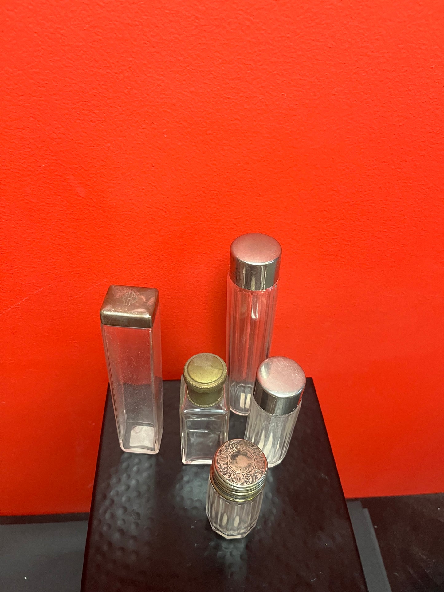 Lovely collection of five silver plated topped glass bottles All English and all good condition 3 to 7 inches
