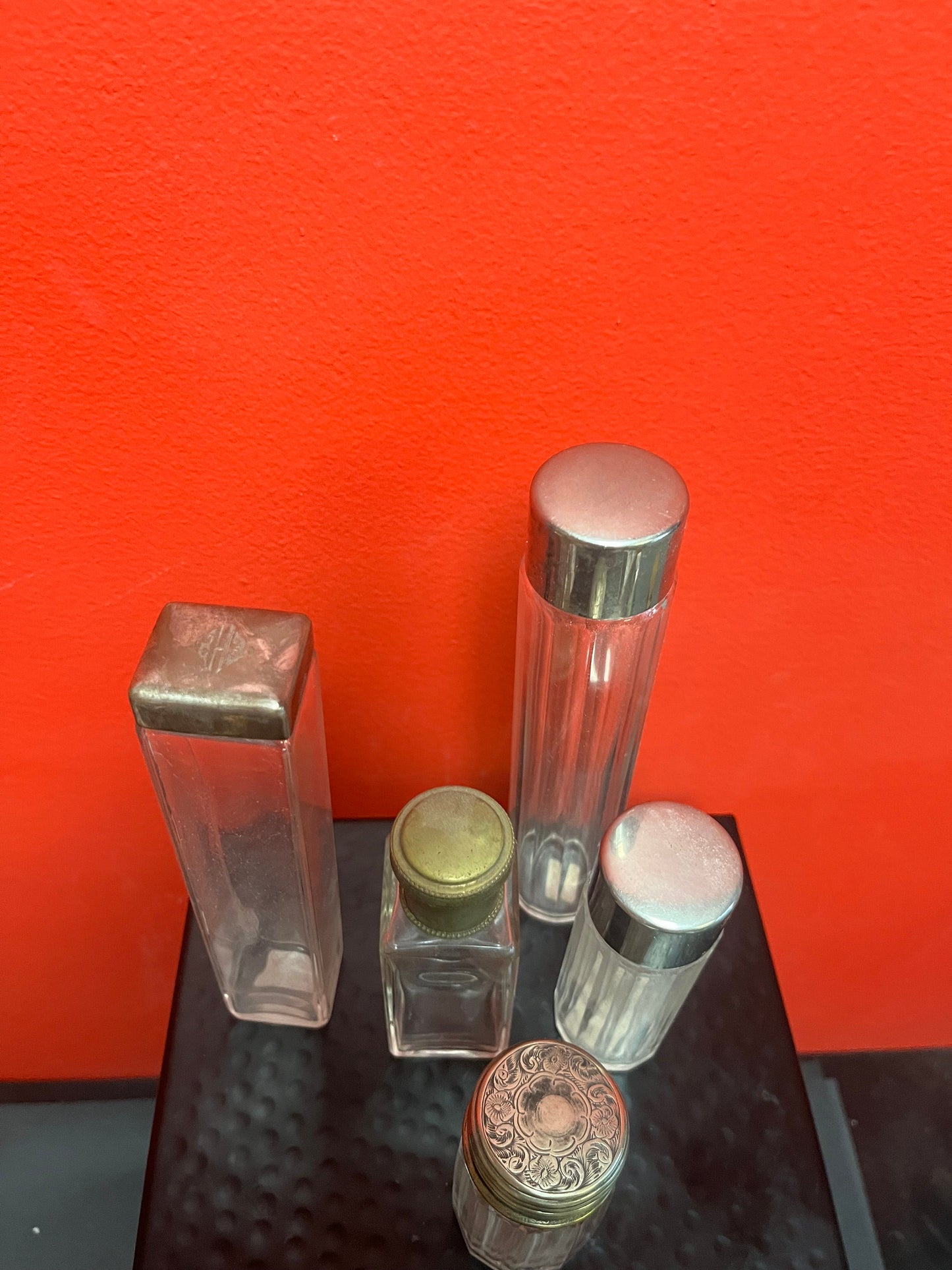 Lovely collection of five silver plated topped glass bottles All English and all good condition 3 to 7 inches