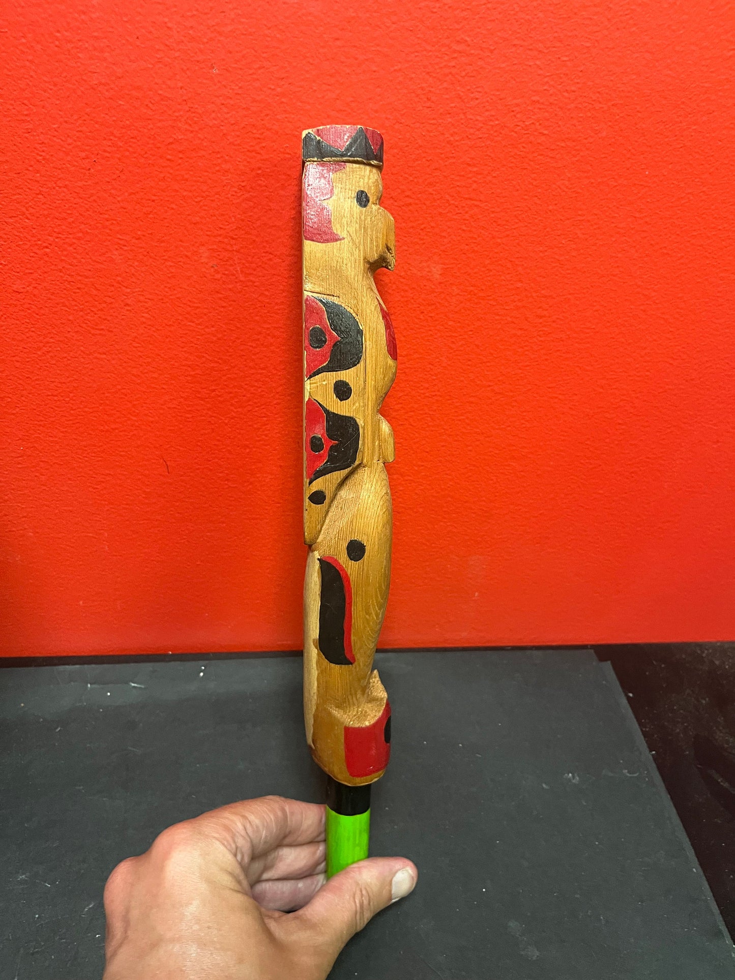 Primitive antique 14 inch long indigenous first nations Pacific Northwest Coast talking stick wonderful imagery