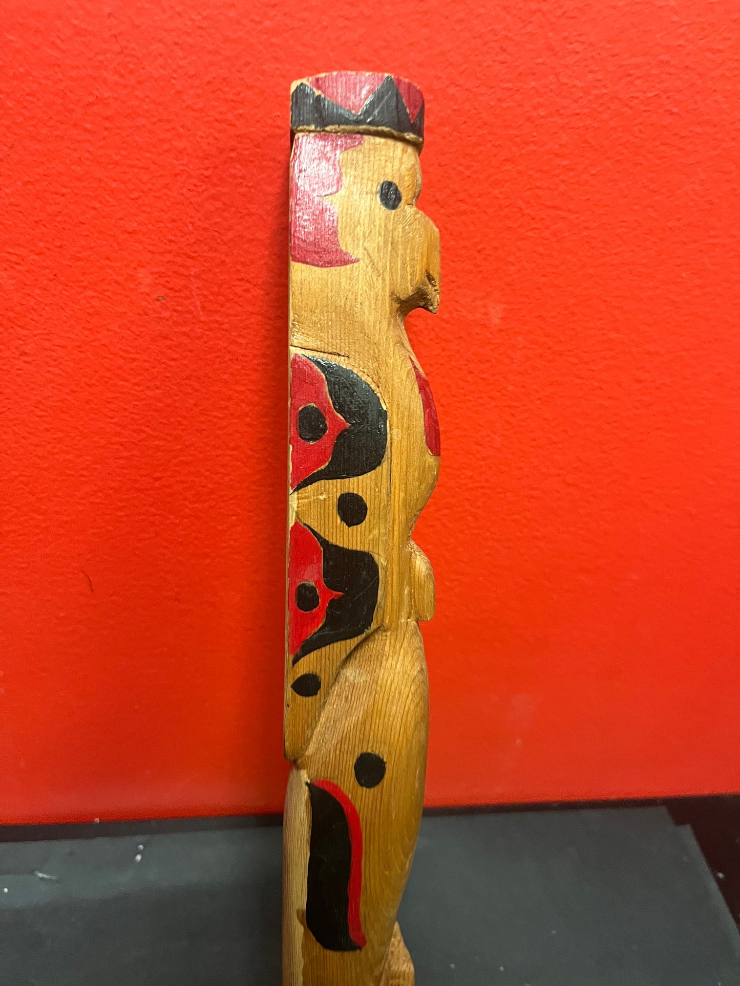 Primitive antique 14 inch long indigenous first nations Pacific Northwest Coast talking stick wonderful imagery