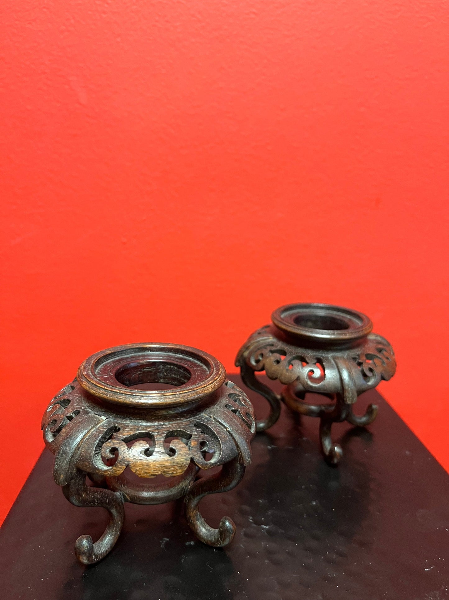 Stunning antique Chinese 3 x 2 wide Heavily carved rosewood stands The most beautiful pair