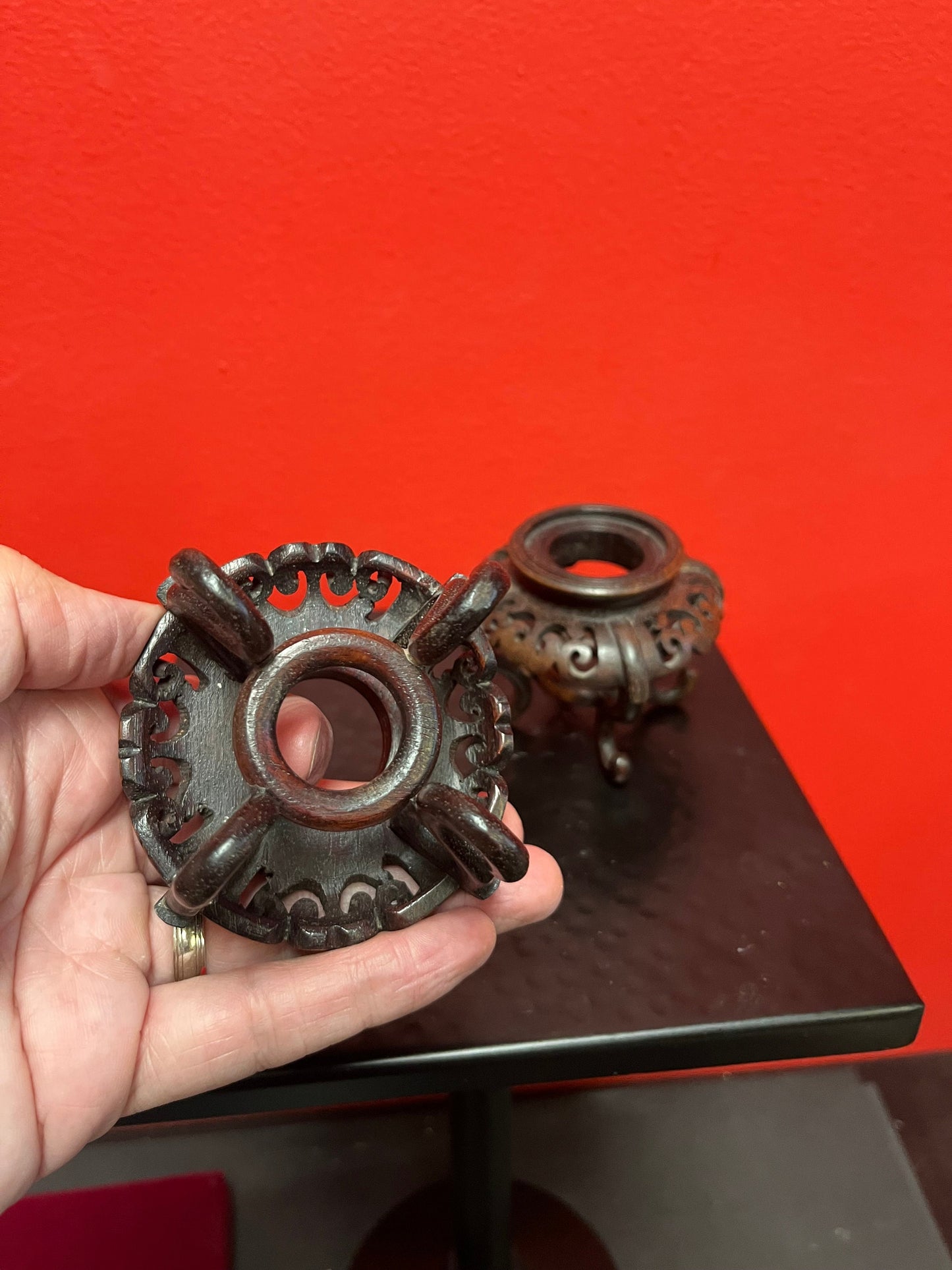 Stunning antique Chinese 3 x 2 wide Heavily carved rosewood stands The most beautiful pair
