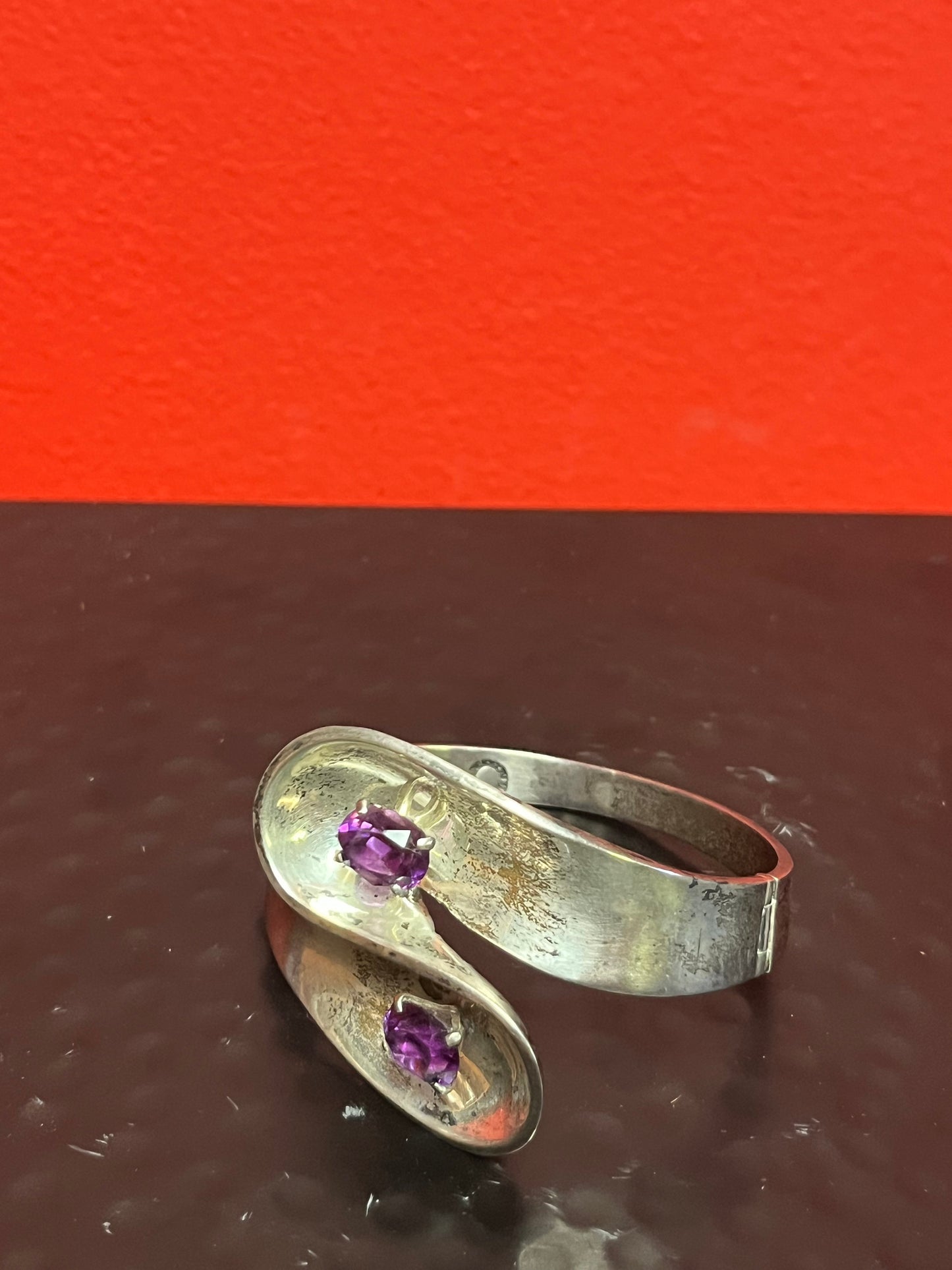Stunning 4 inch wide, solid sterling silver signed and stamped Mexican modernist bracelet with amethyst Perfect gift