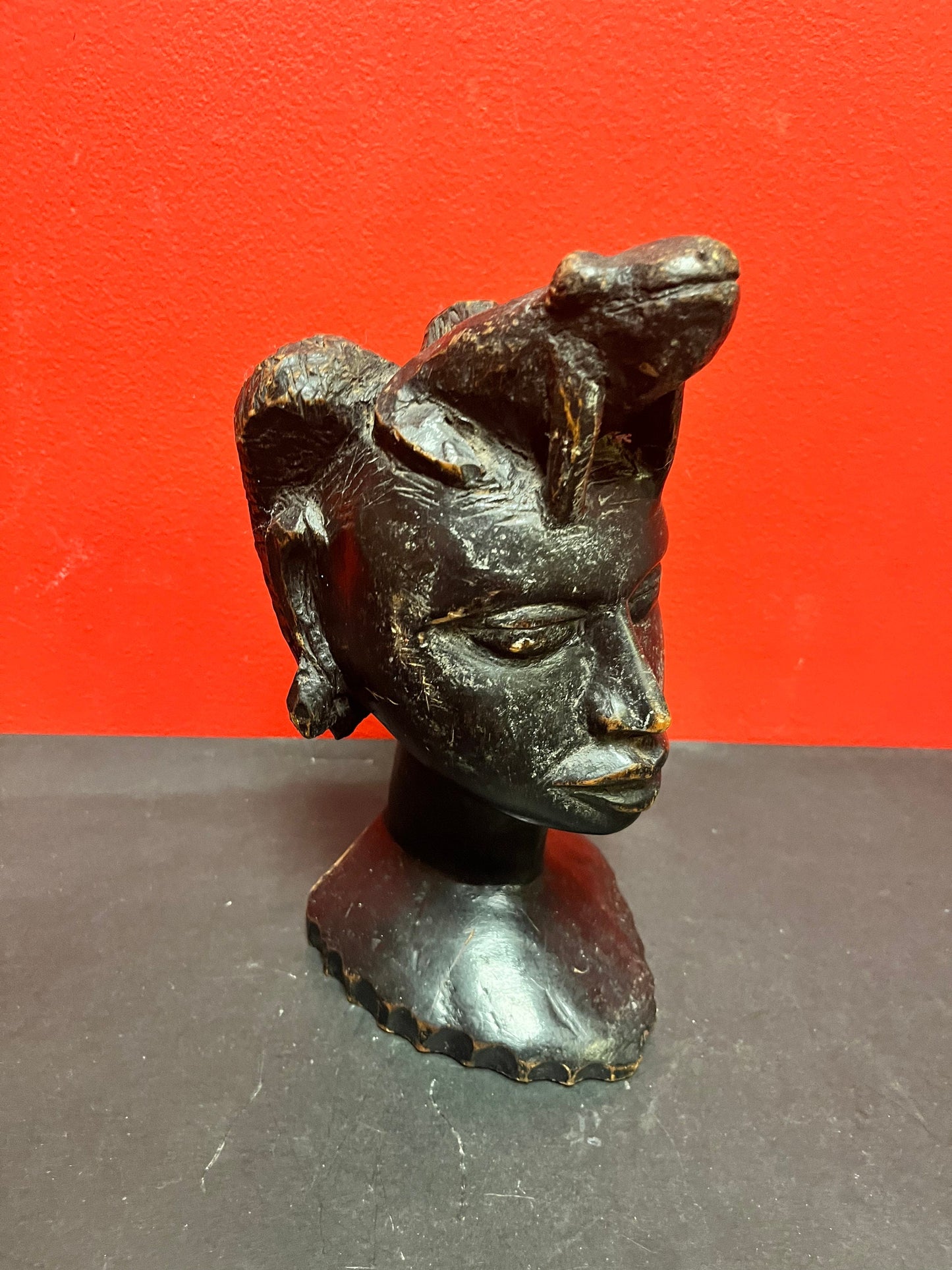 Wonderful museum quality 9 inch tall late 19th century signed  African bust of a woman with a frog upon her head  stunning patina  wow -