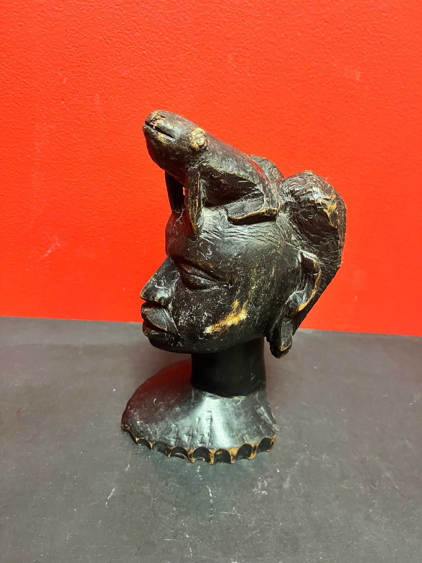 Wonderful museum quality 9 inch tall late 19th century signed  African bust of a woman with a frog upon her head  stunning patina  wow -