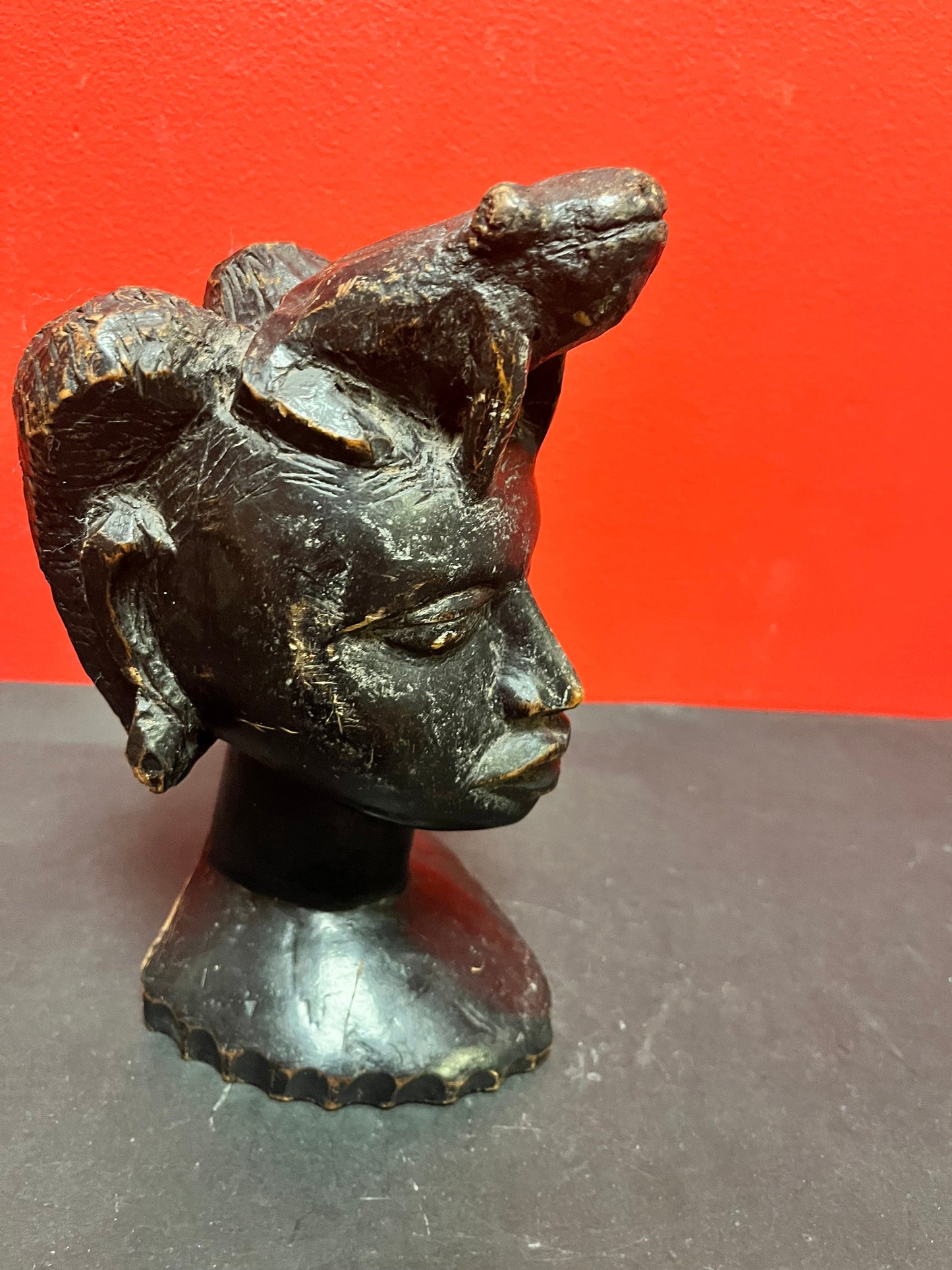 Wonderful museum quality 9 inch tall late 19th century signed  African bust of a woman with a frog upon her head  stunning patina  wow -