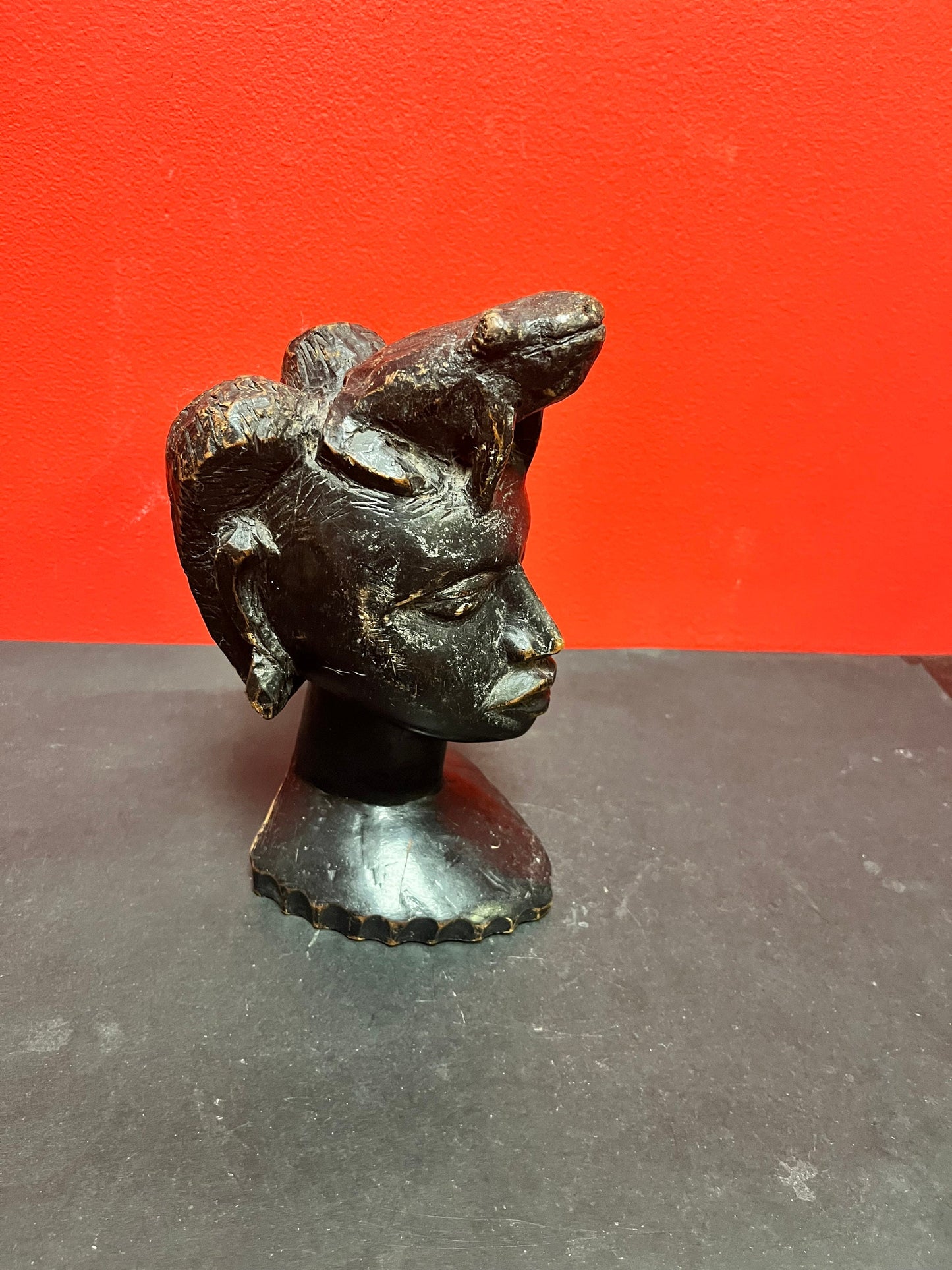 Wonderful museum quality 9 inch tall late 19th century signed  African bust of a woman with a frog upon her head  stunning patina  wow -