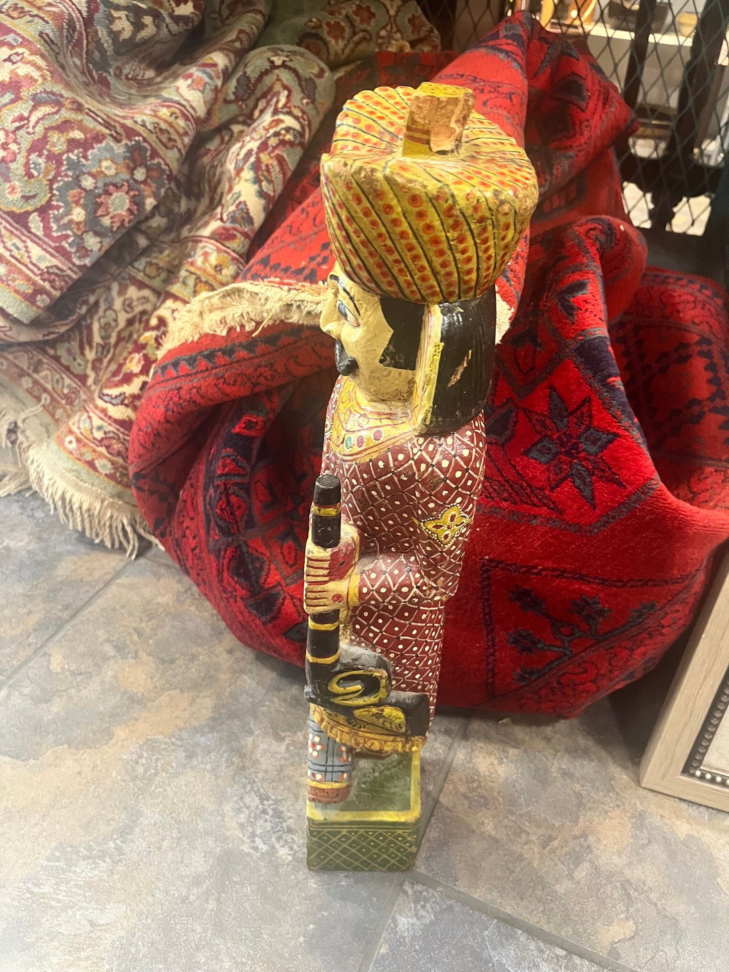 Stunning Kashmir polychrome painted antique wooden statue  amazing detail  chip on top