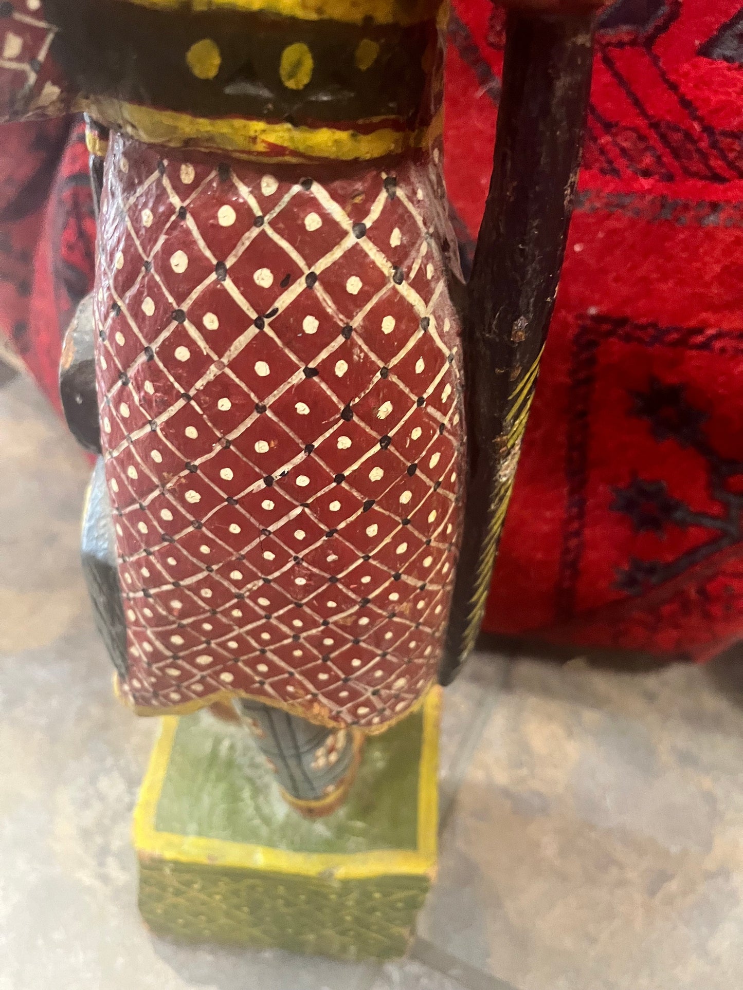 Stunning Kashmir polychrome painted antique wooden statue  amazing detail  chip on top